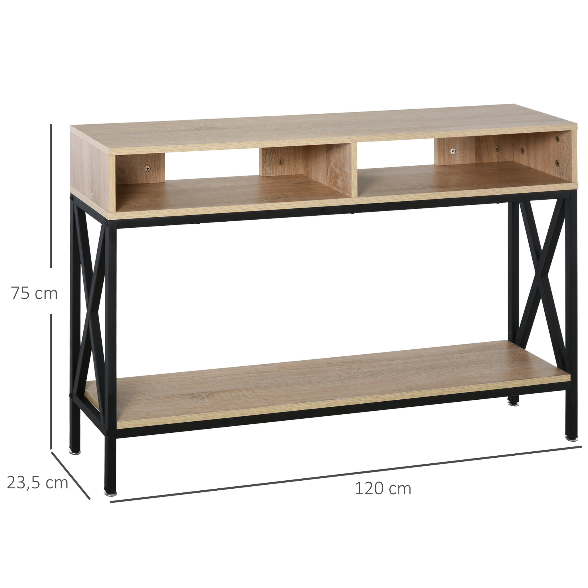 Voir la diapositive 3 : HOMCOM Table Console Table d'Entrée Industriel Multi-rangements 120 x 23,5 x 75 cm Bois Chêne
