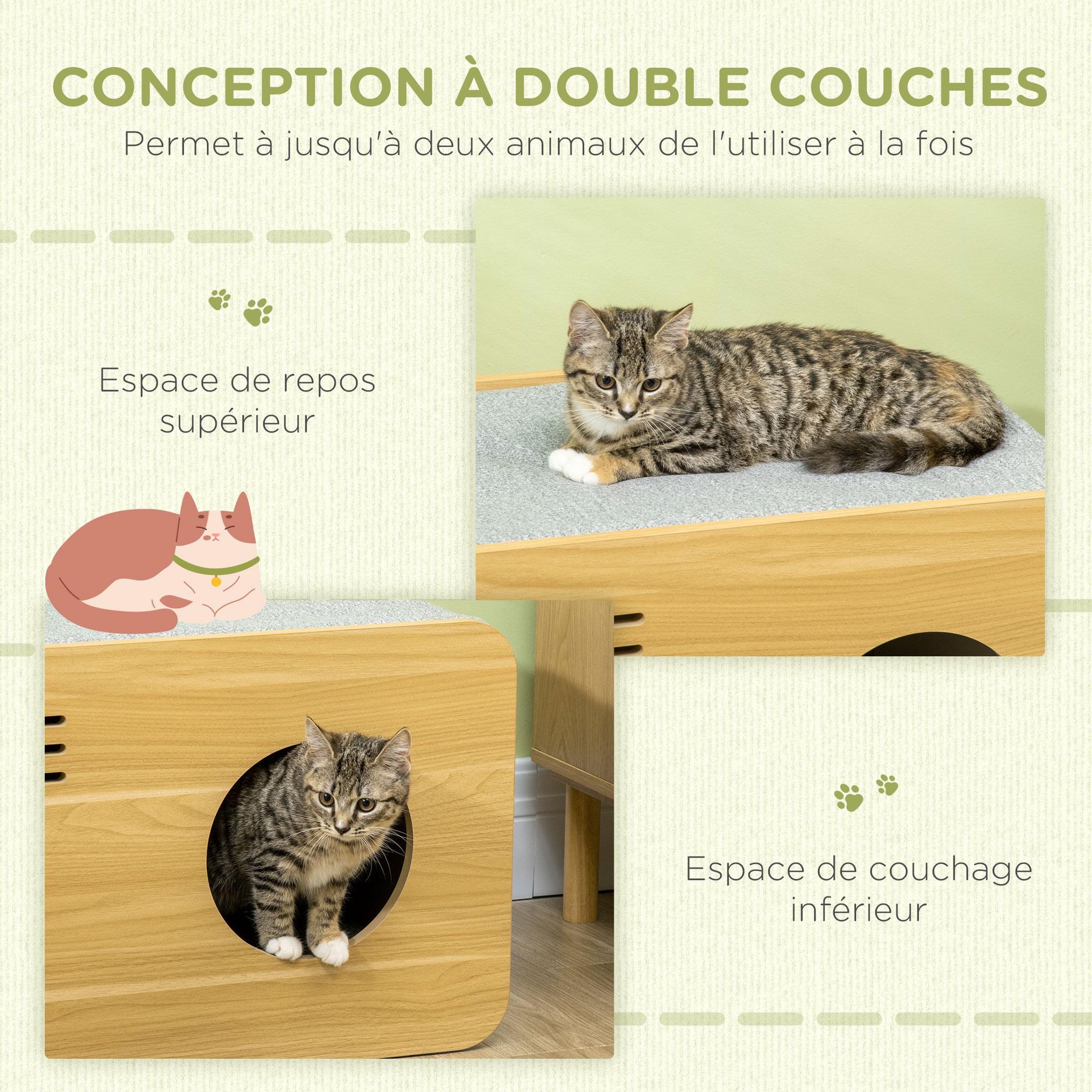 Voir la diapositive 6 : PAWHUT Maison pour chat design poste de radio - niche chat panier chat - 2 coussins + grattoir sisal amovibles - MDF panneaux aspect bois clair