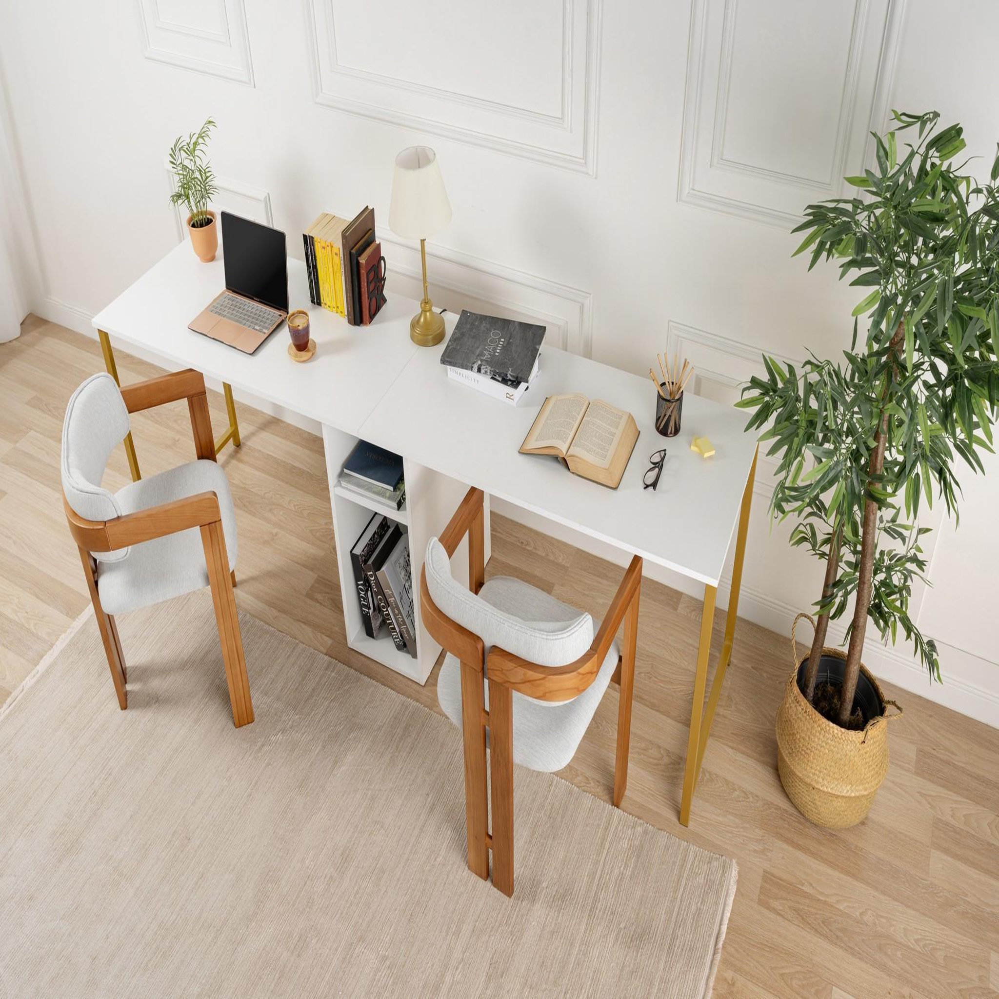 Voir la diapositive 2 : Habitat et Jardin Bureau en bois  twin study desk  - 240 x 60 x 74 cm - or blanc