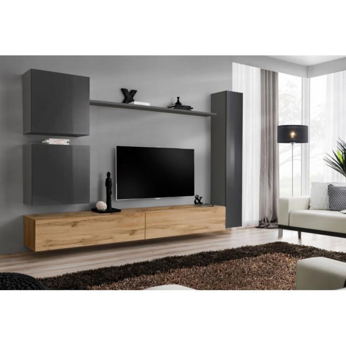 Paris Prix Meuble TV Mural Design  Switch VIII  280cm Gris & Naturel