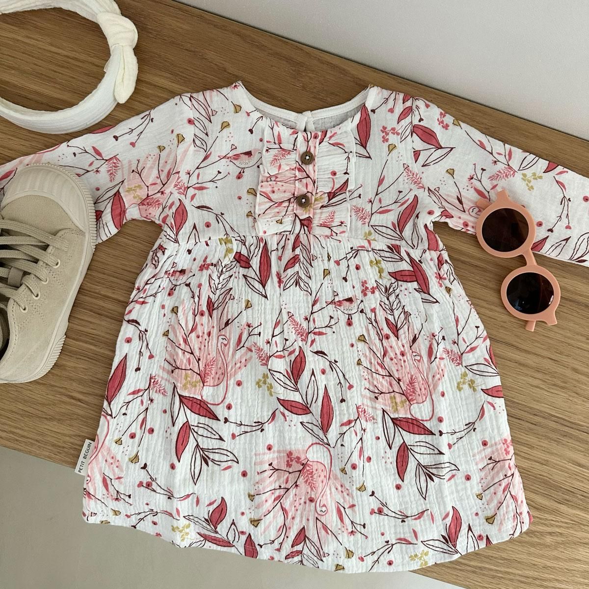 Petit Béguin Robe bébé en gaze de coton Birdy