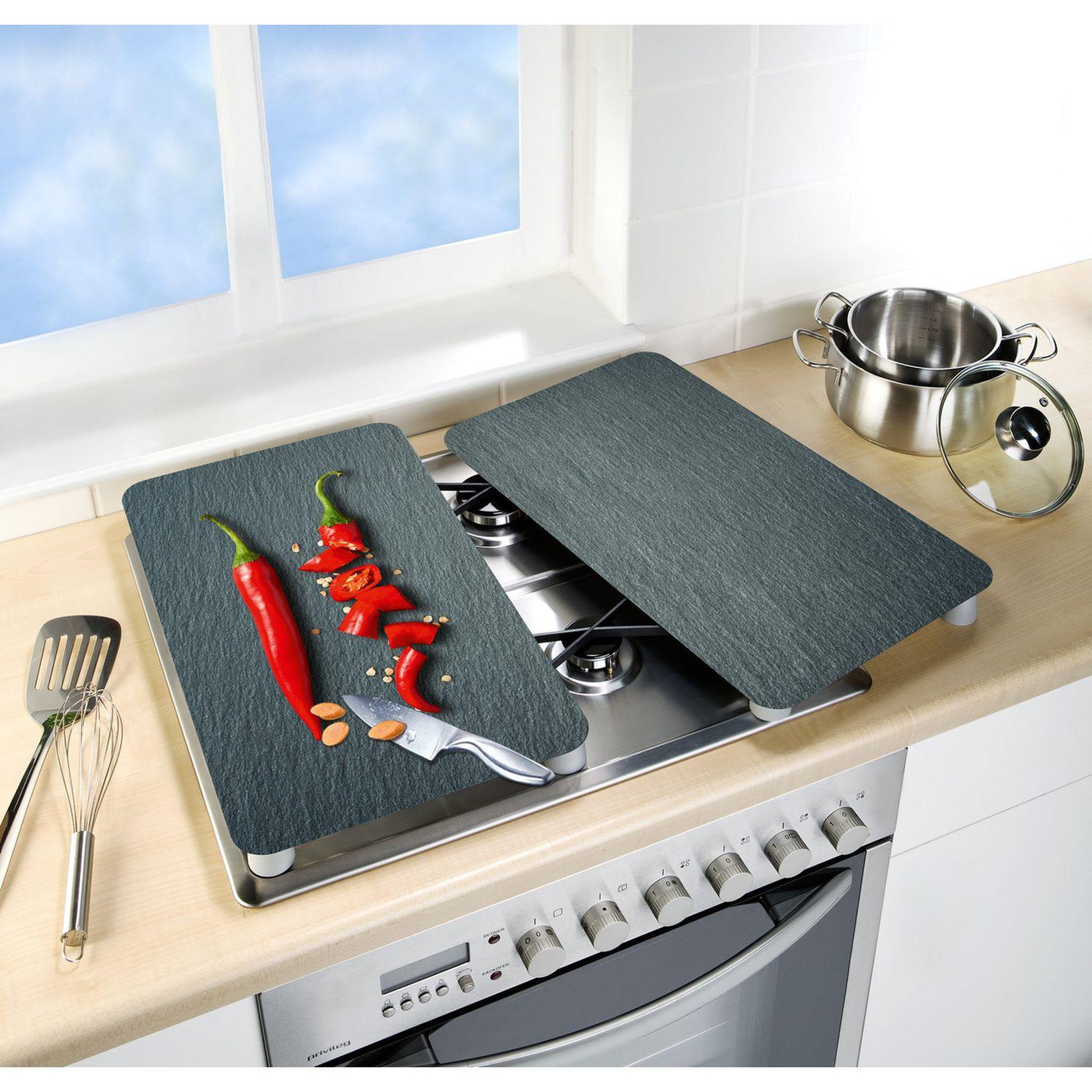 Voir la diapositive 2 : Wenko 2 Couvre-plaques universel Piment - 30 x 52 cm - Gris et rouge
