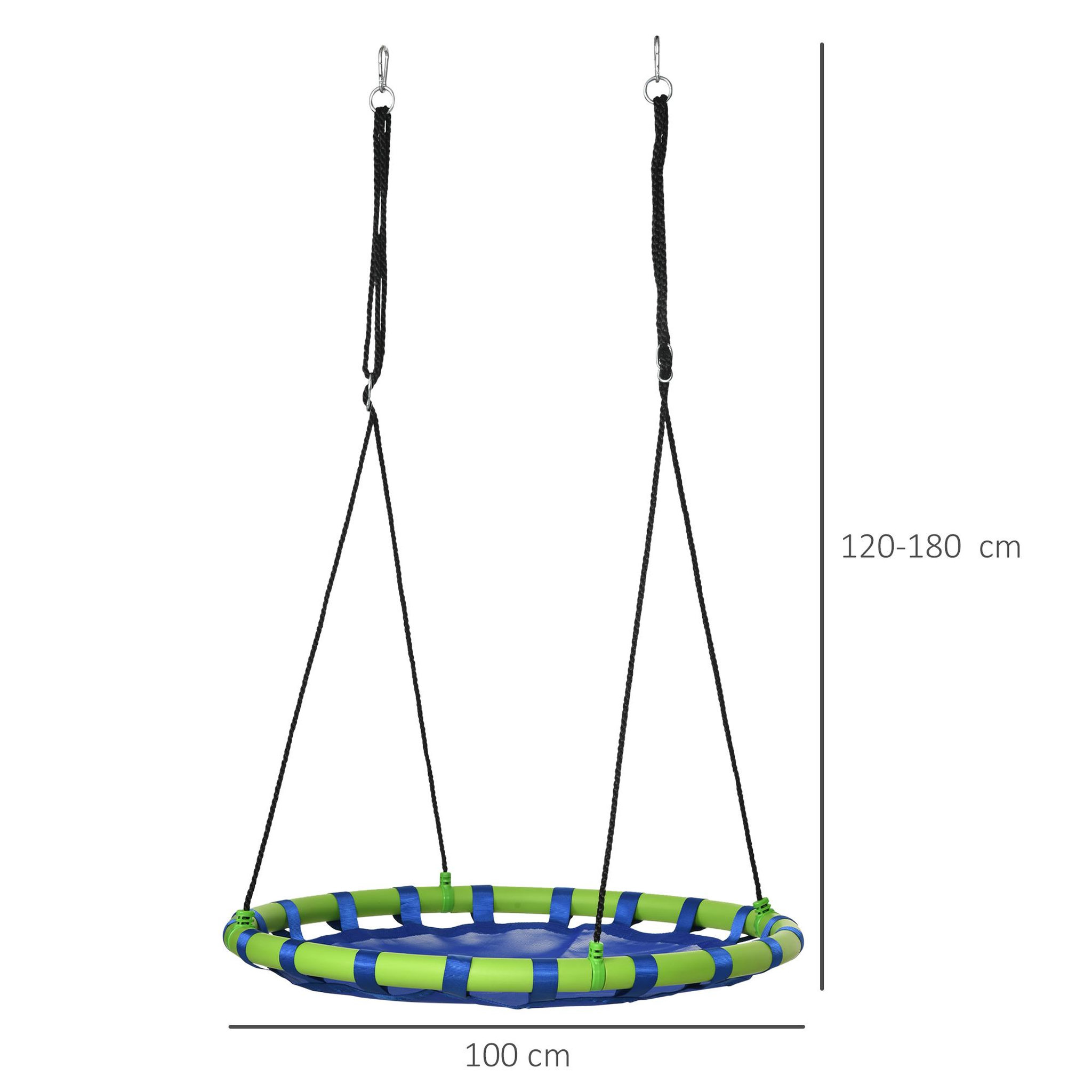 Voir la diapositive 3 : OUTSUNNY Balançoire nid d'oiseau ronde balançoire panier Ø 100 x 120-180H cm accessoires inclus bleu vert