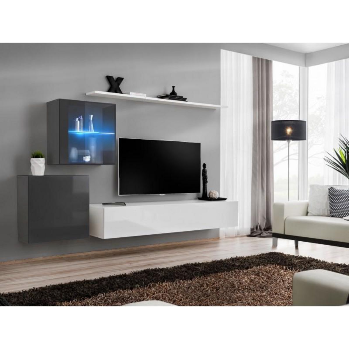 Paris Prix Meuble TV Mural Design  Switch XV  260cm Blanc & Gris