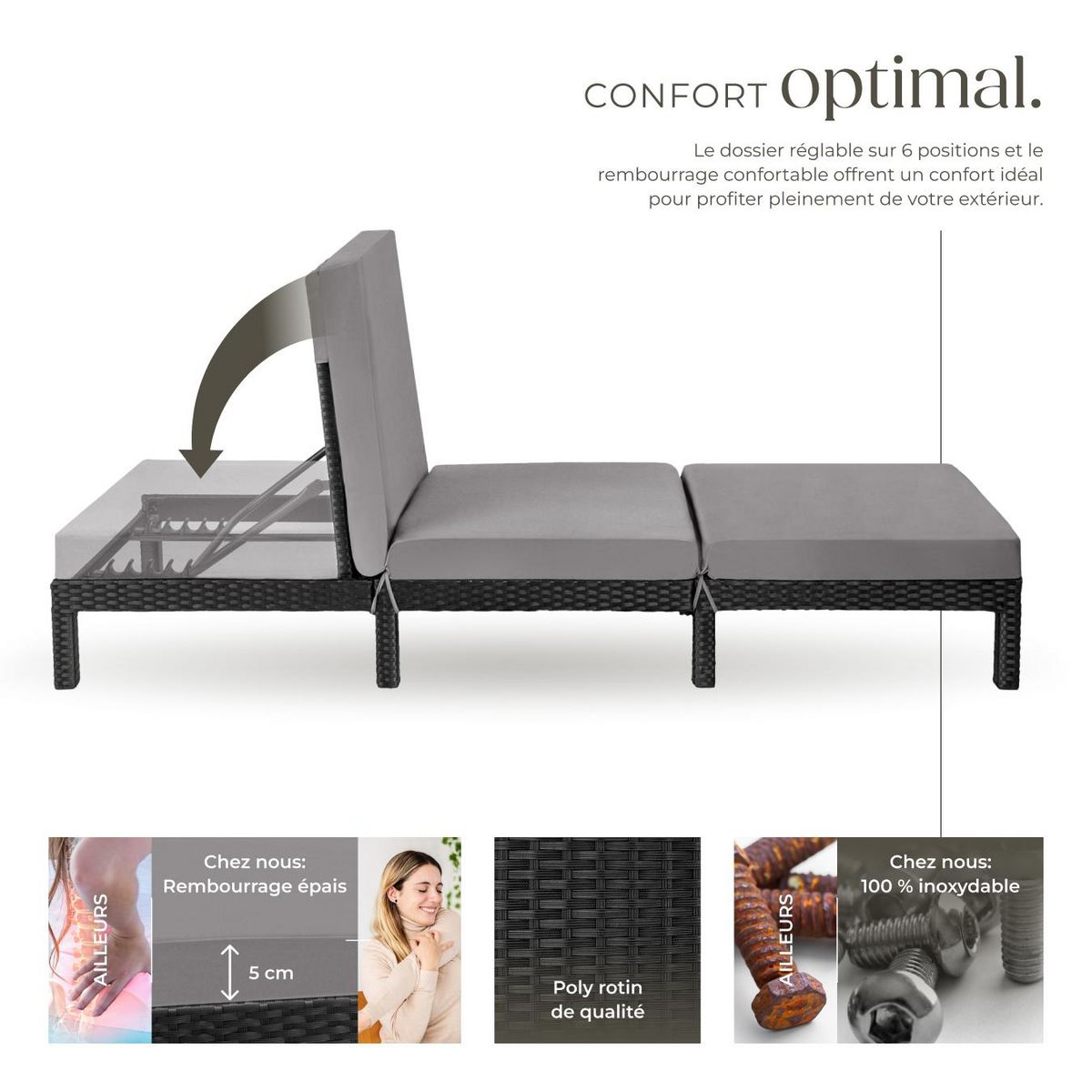 tectake Bain de soleil en rotin robuste noir