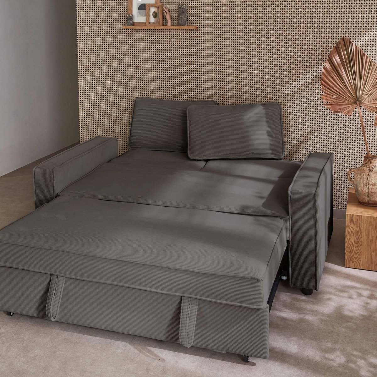 SWEEEK Canapé convertible 3 places gris velours côtelé. banquette. lit. canapé