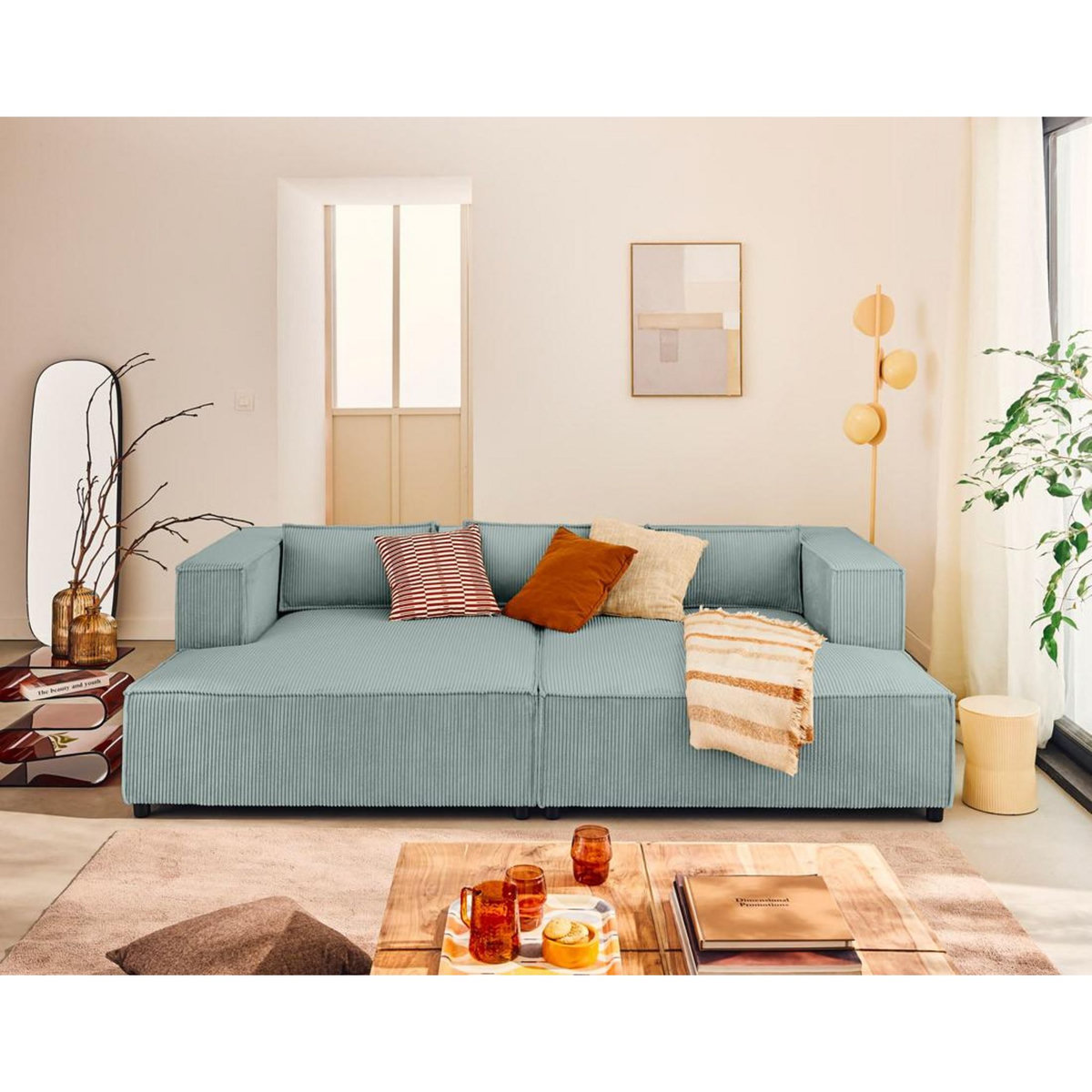 LISA DESIGN Stella - canapé droit 3 places avec double méridienne - assise profonde - en velours côtelé