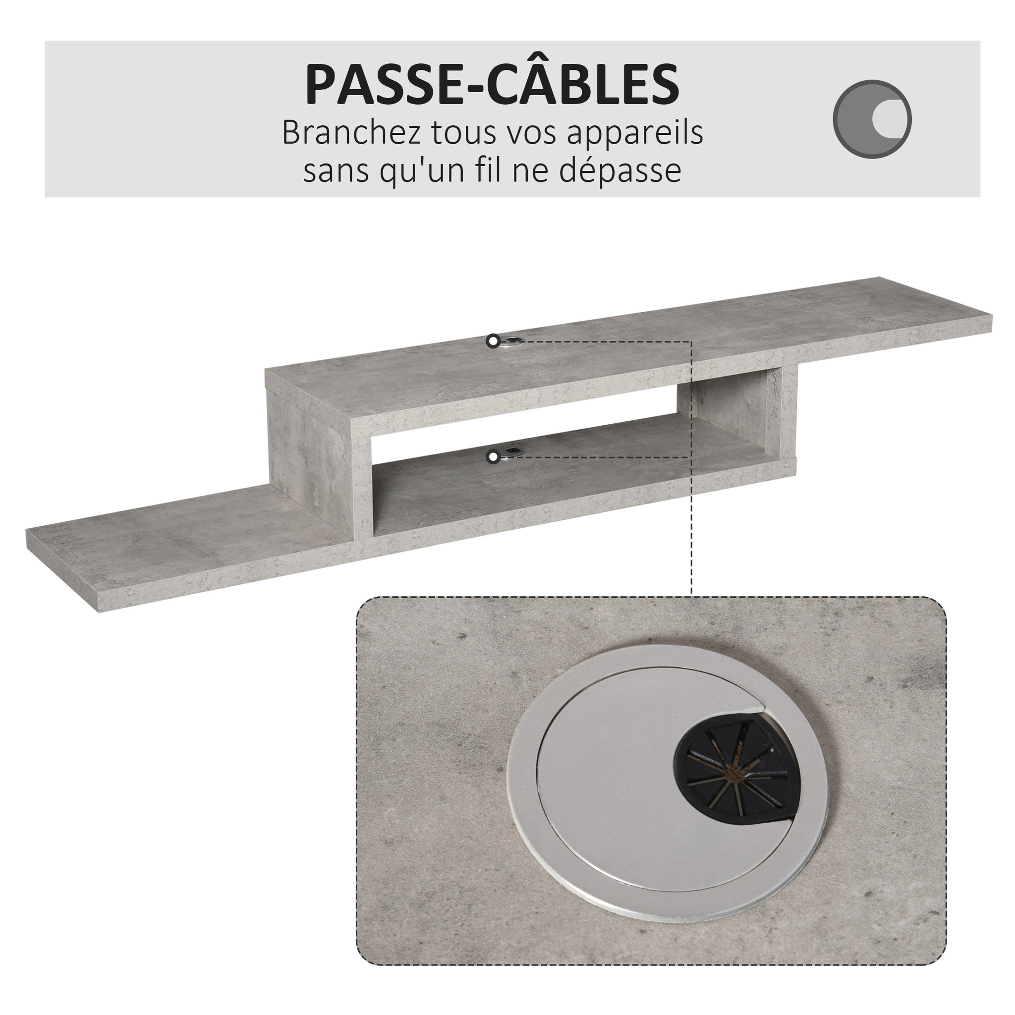Voir la diapositive 5 : HOMCOM Meuble TV mural flottant design - étagère murale flottante - niche, passe-fils - panneaux particules effet béton ciré