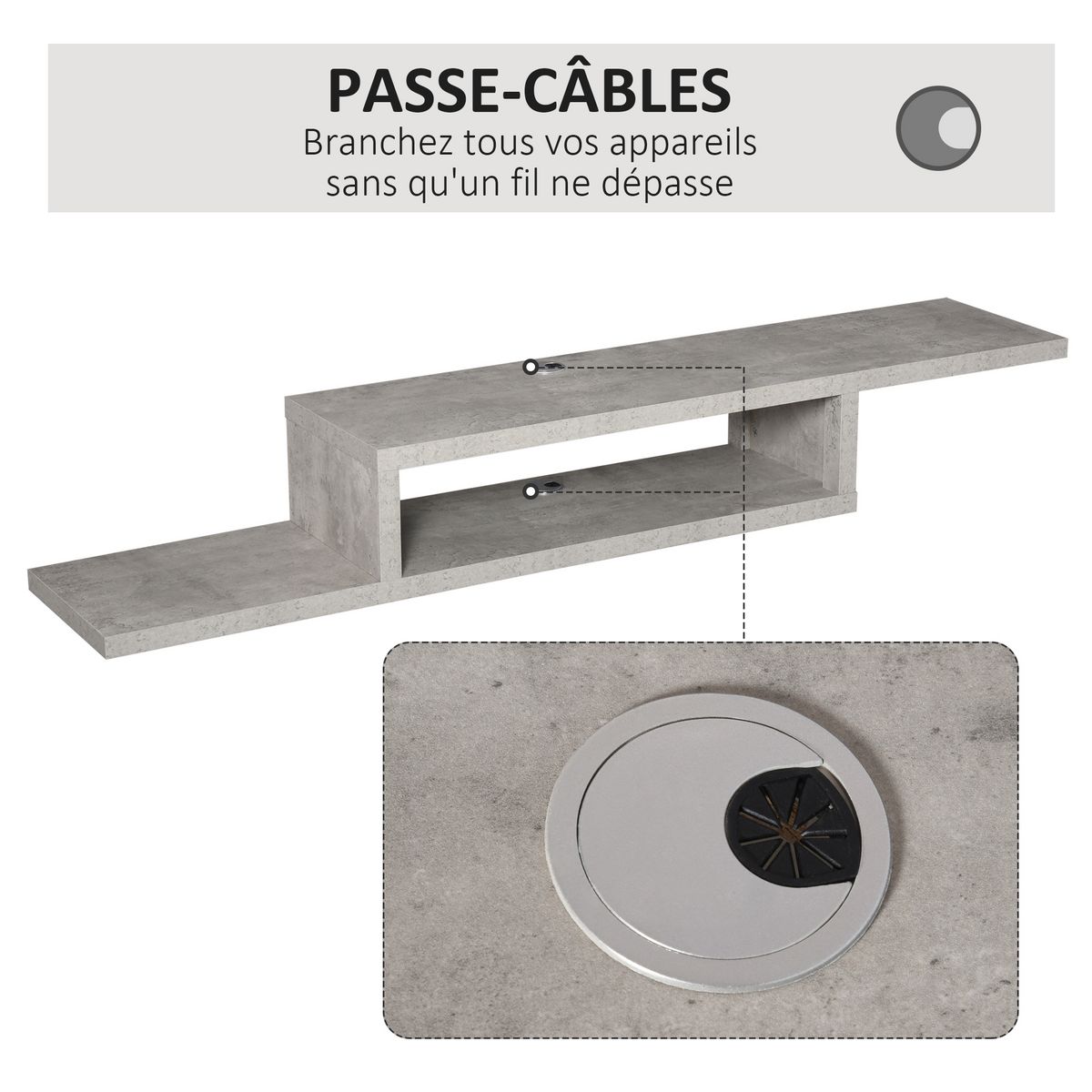 HOMCOM Meuble TV mural flottant design - étagère murale flottante - niche, passe-fils - panneaux particules effet béton ciré