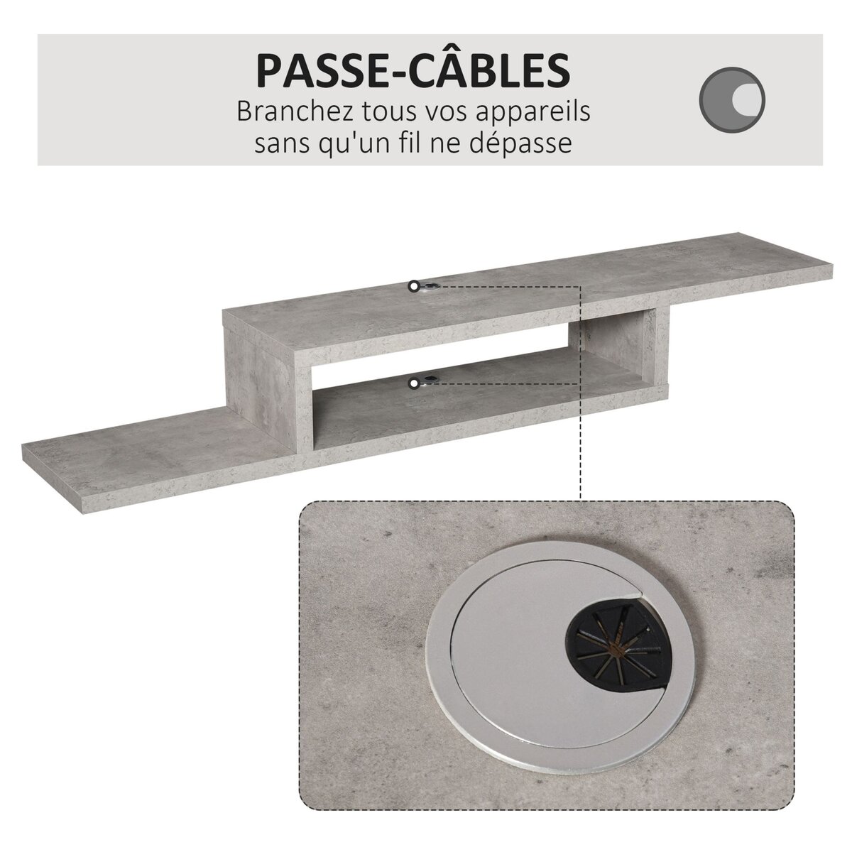 HOMCOM Meuble TV mural flottant design - étagère murale flottante - niche, passe-fils - panneaux particules effet béton ciré