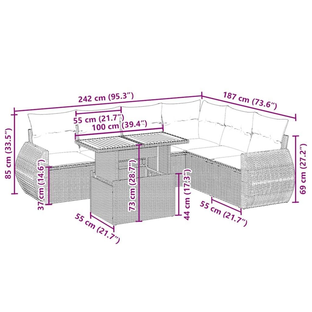 VIDAXL Salon de jardin avec coussins 7 pcs beige resine tressee