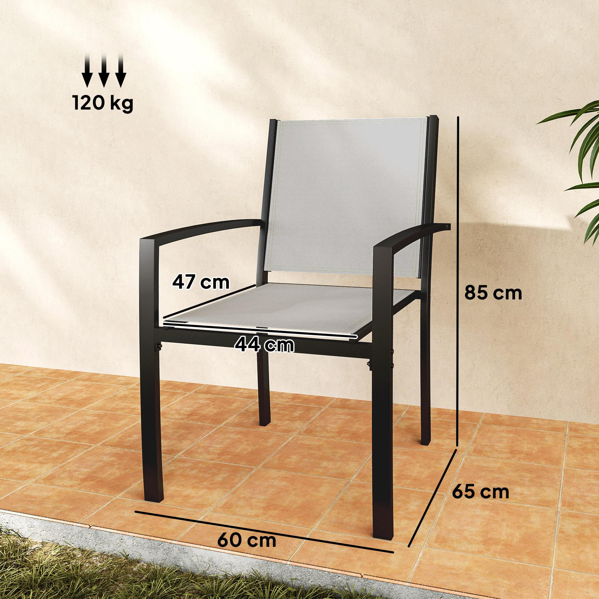 Voir la diapositive 3 : OUTSUNNY Lot de 2 chaises de jardin empilables avec accoudoirs acier noir textilène gris clair