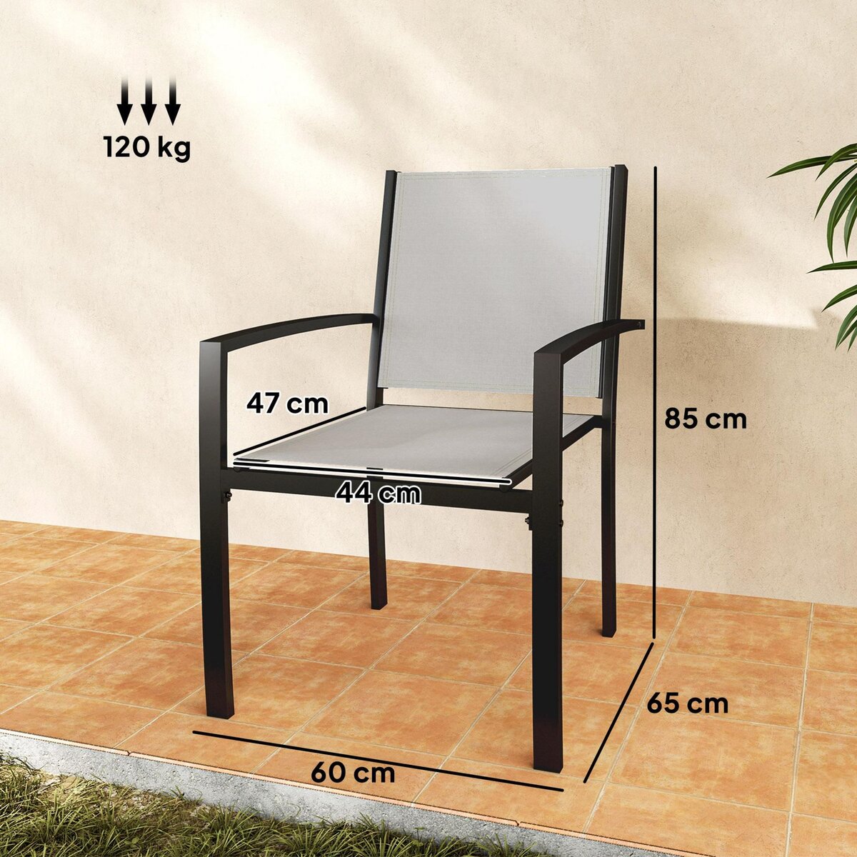 OUTSUNNY Lot de 2 chaises de jardin empilables avec accoudoirs acier noir textilène gris clair
