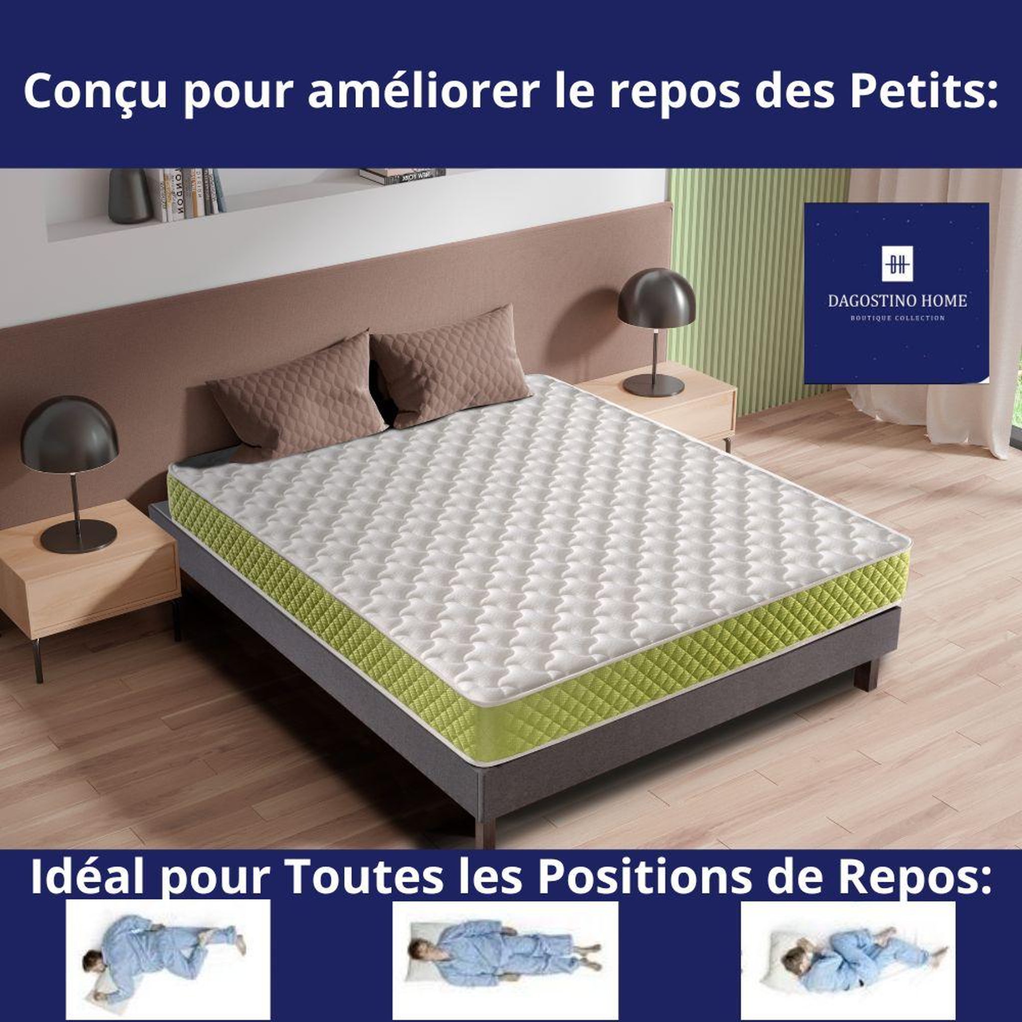 Voir la diapositive 2 : DAGOSTINO HOME Matelas 80x190 | Spécial Lit Enfant  | Mousse Luxury HR Ferme, Haute Résilience pour un Soutien Parfait et un Confort Optimal | Matelas 1 Place | Indépendance du Couchage | Double Face (Été-Hiver) | Très Respirant | H15