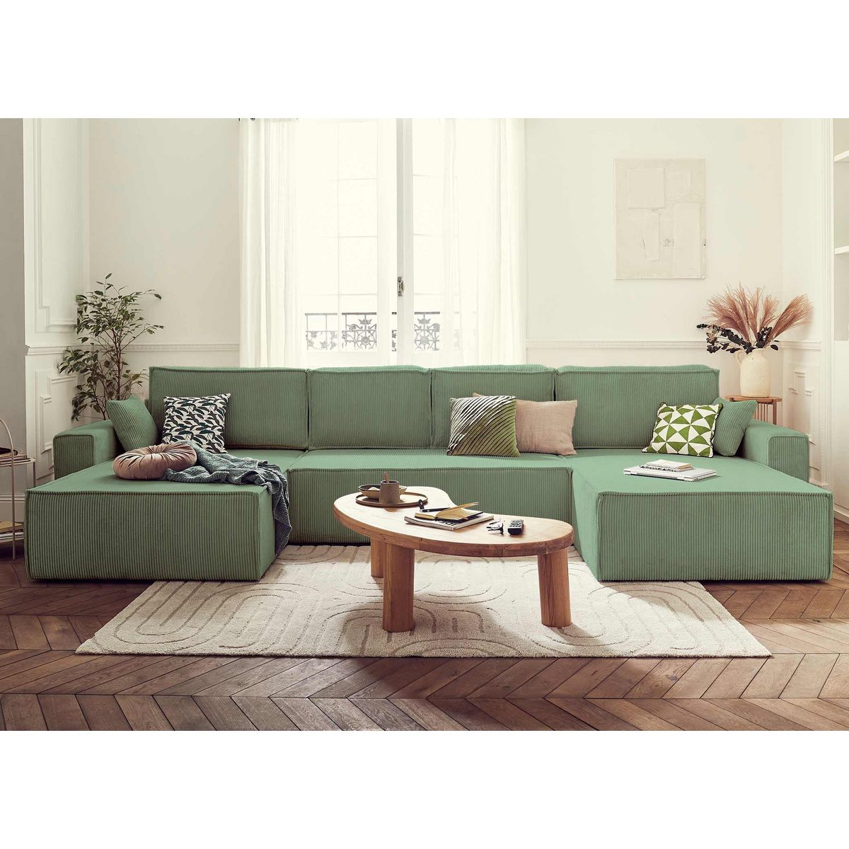 BEST MOBILIER Dellia - canapé panoramique en u - 7 places - convertible - avec coffre - en velours côtelé