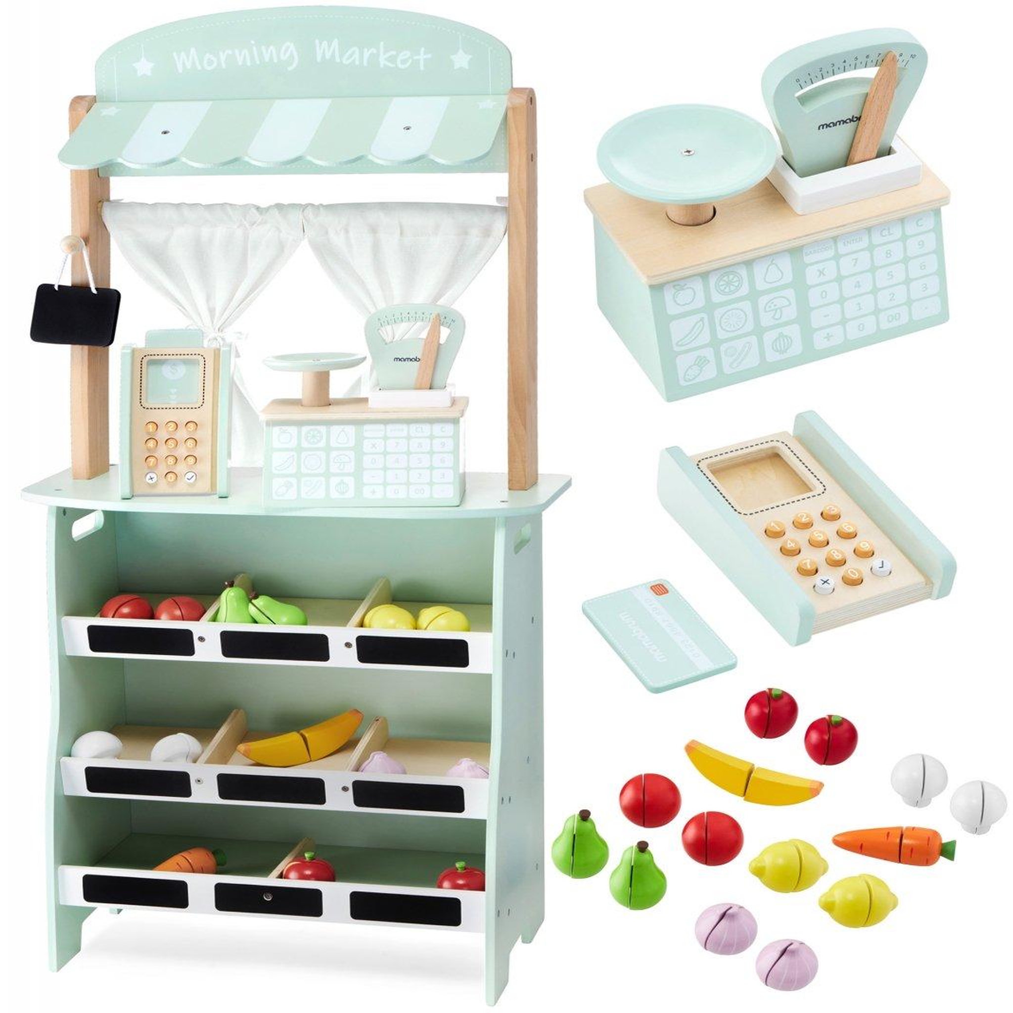 MAMABRUM Marchande Enfant & Théâtre en Bois - 2EN1 Grand Stand Vendeur - Terminal, Balance Fruits & Légumes