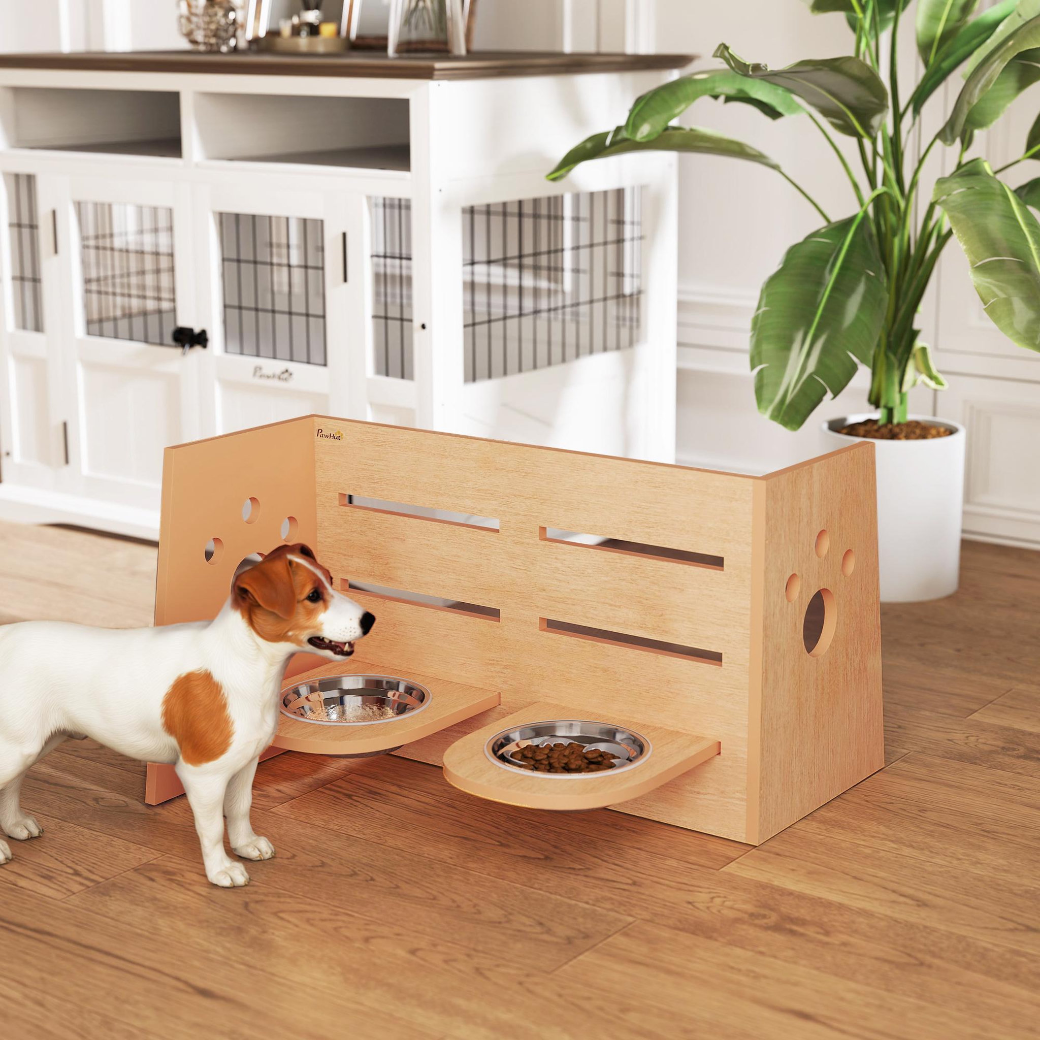 Voir la diapositive 6 : PAWHUT Porte-gamelles modulable réglable écuelles incluses idéal pour 2 chiens aspect bois acier inox