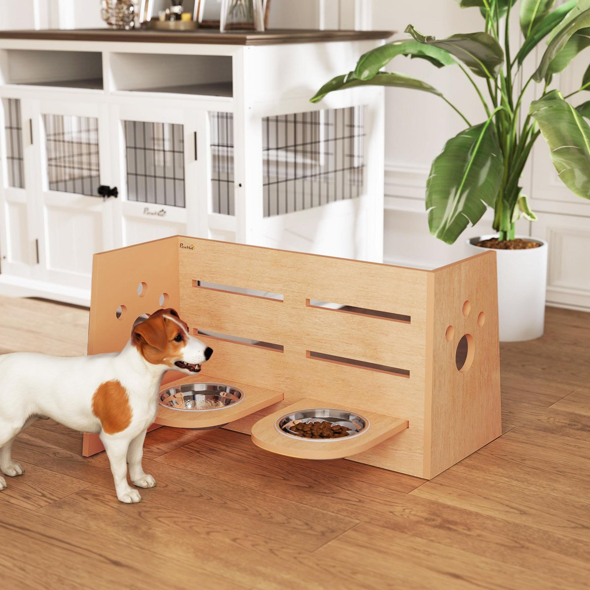 PAWHUT Porte-gamelles modulable réglable écuelles incluses idéal pour 2 chiens aspect bois acier inox
