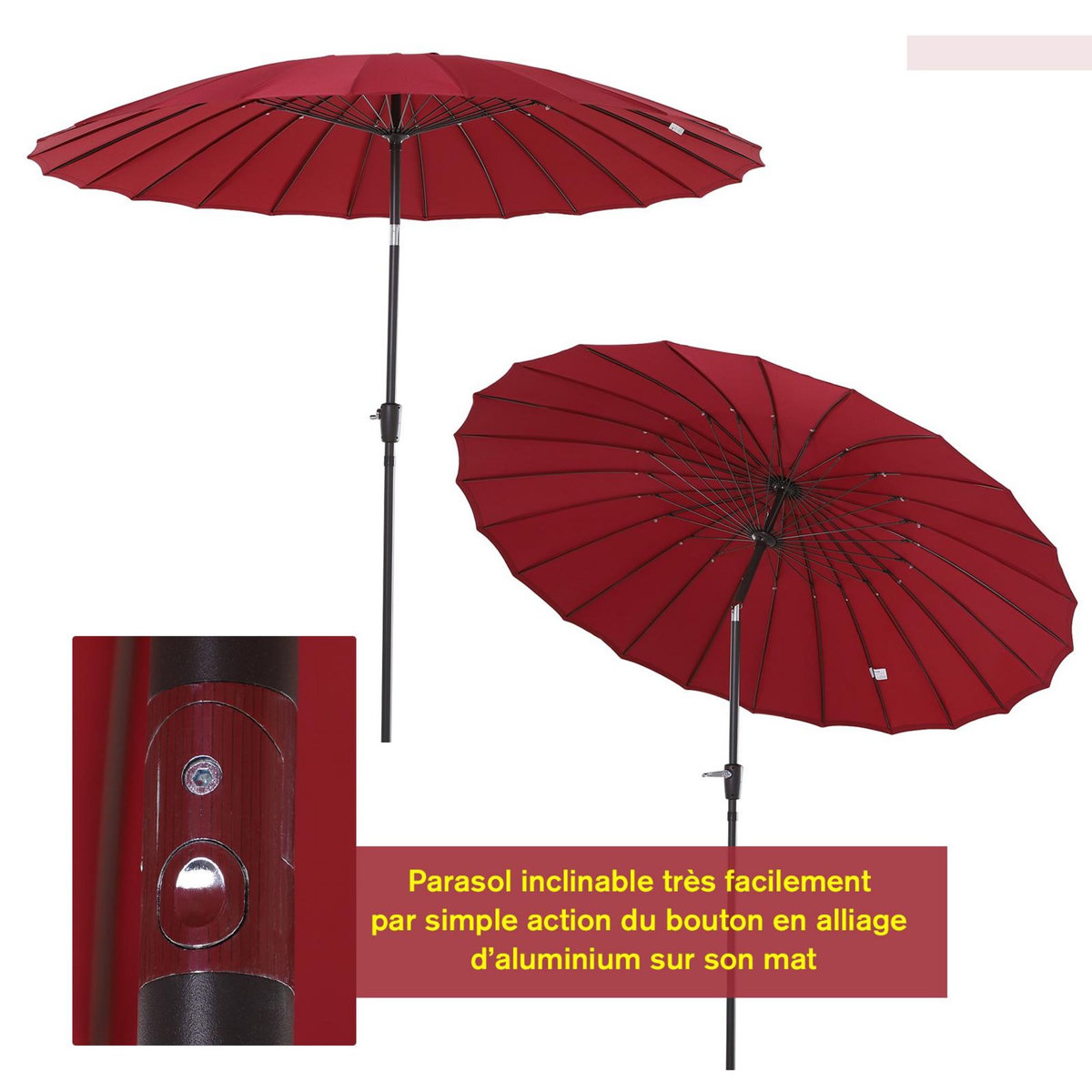 OUTSUNNY Parasol inclinable rond avec manivelle aluminium fibre de verre polyester diamètre 2,60 m coloris rouge
