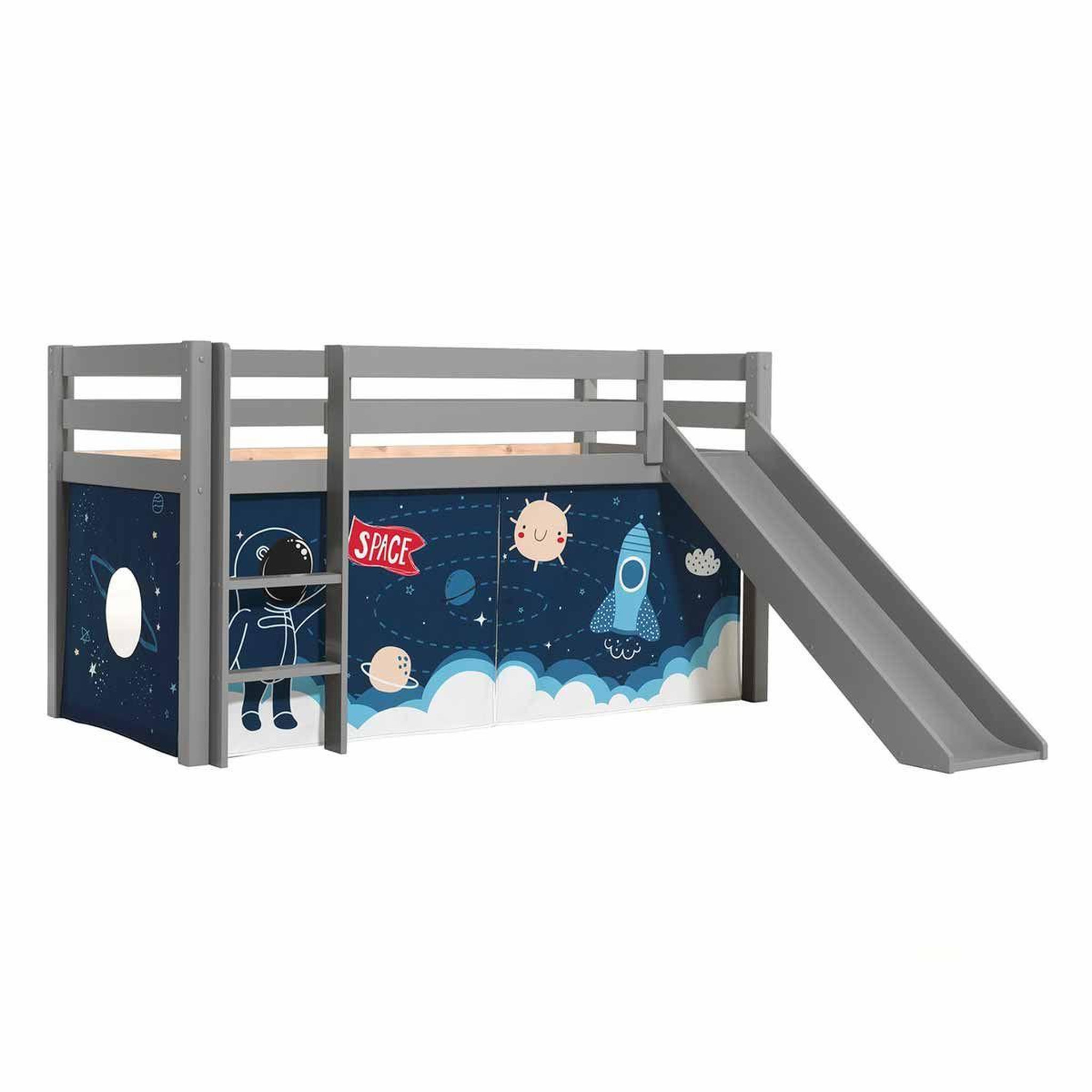 Voir la diapositive 1 : Paris Prix Lit Enfant Surélevé Avec Toboggan  Pino Space Shuttle  90x200cm Gris