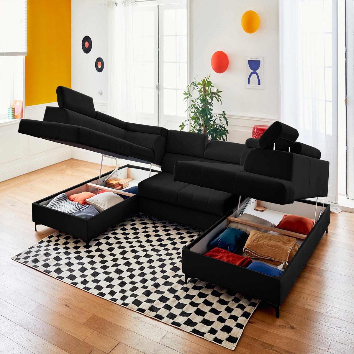 LISA DESIGN Merida - canapé panoramique en u - 7 places - convertible avec coffres et têtières réglables - en velours