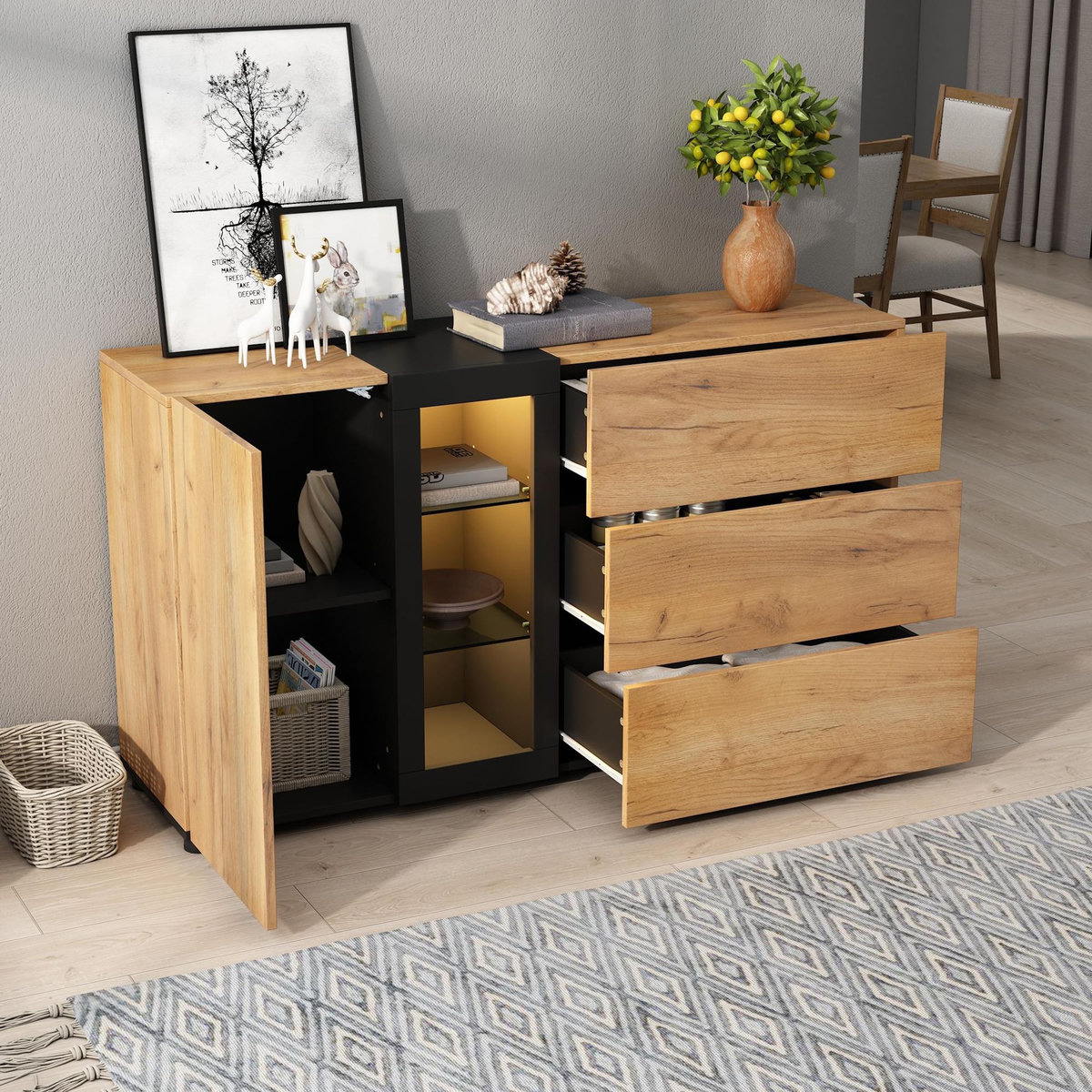 MERAX Buffet 1 porte(s) 3 tiroir(s) - 140 cm naturel led panneaux de particules