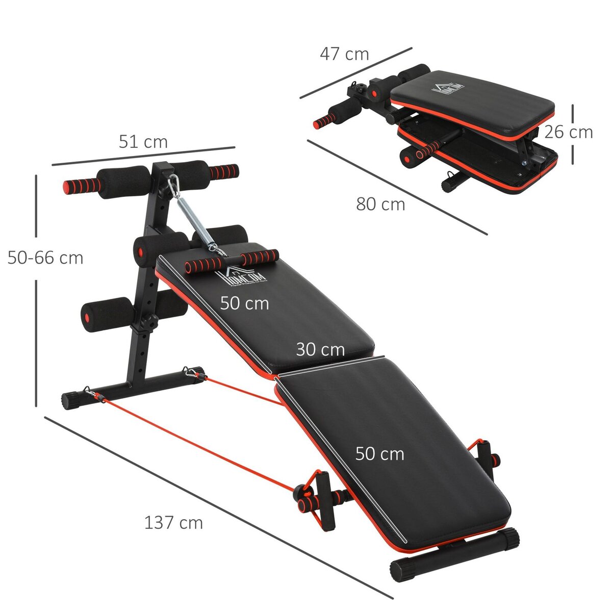 HOMCOM Banc de musculation pliable multifonction banc Fitness sit-up sangles d'extension latérales + ressort traction acier revêtement synthétique rouge noir