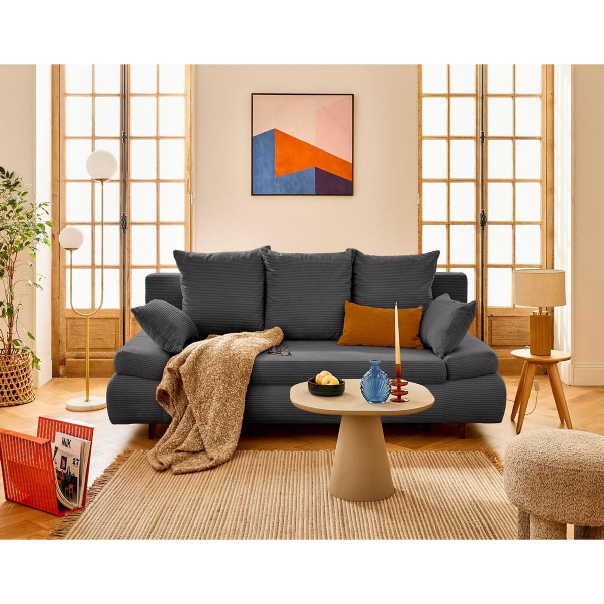 BEST MOBILIER Larson - canapé droit 3 places convertible avec coffre en velours côtelé