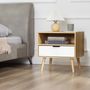 Voir la diapositive 2 : HOMCOM Chevet table de nuit design scandinave tiroir + niche bois pin panneaux particules motif chevrons blanc aspect chêne clair