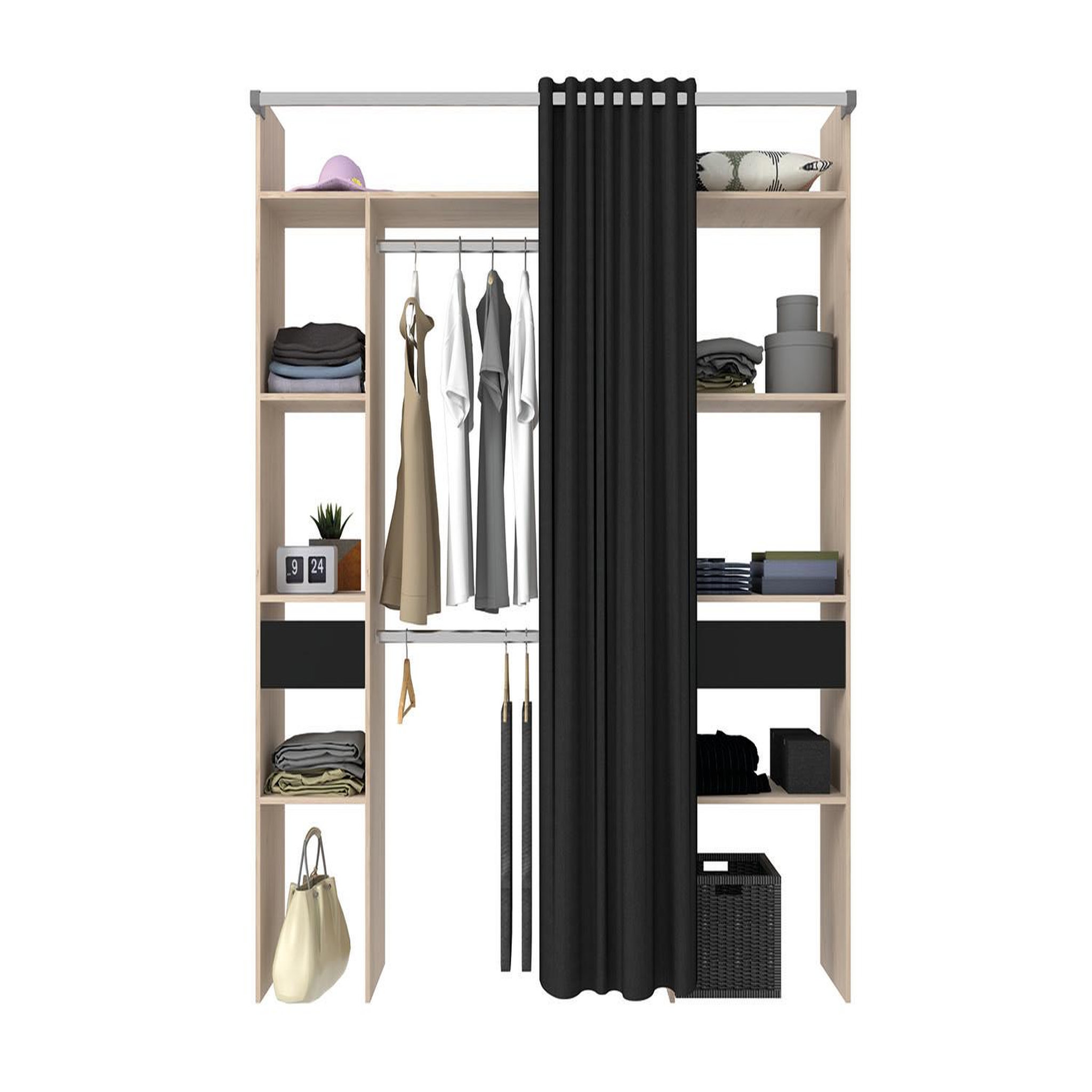 Voir la diapositive 5 : CONCEPT USINE Dressing bois avec rideau noir et 2 penderies 6 étagères et 2 tiroirs elysee