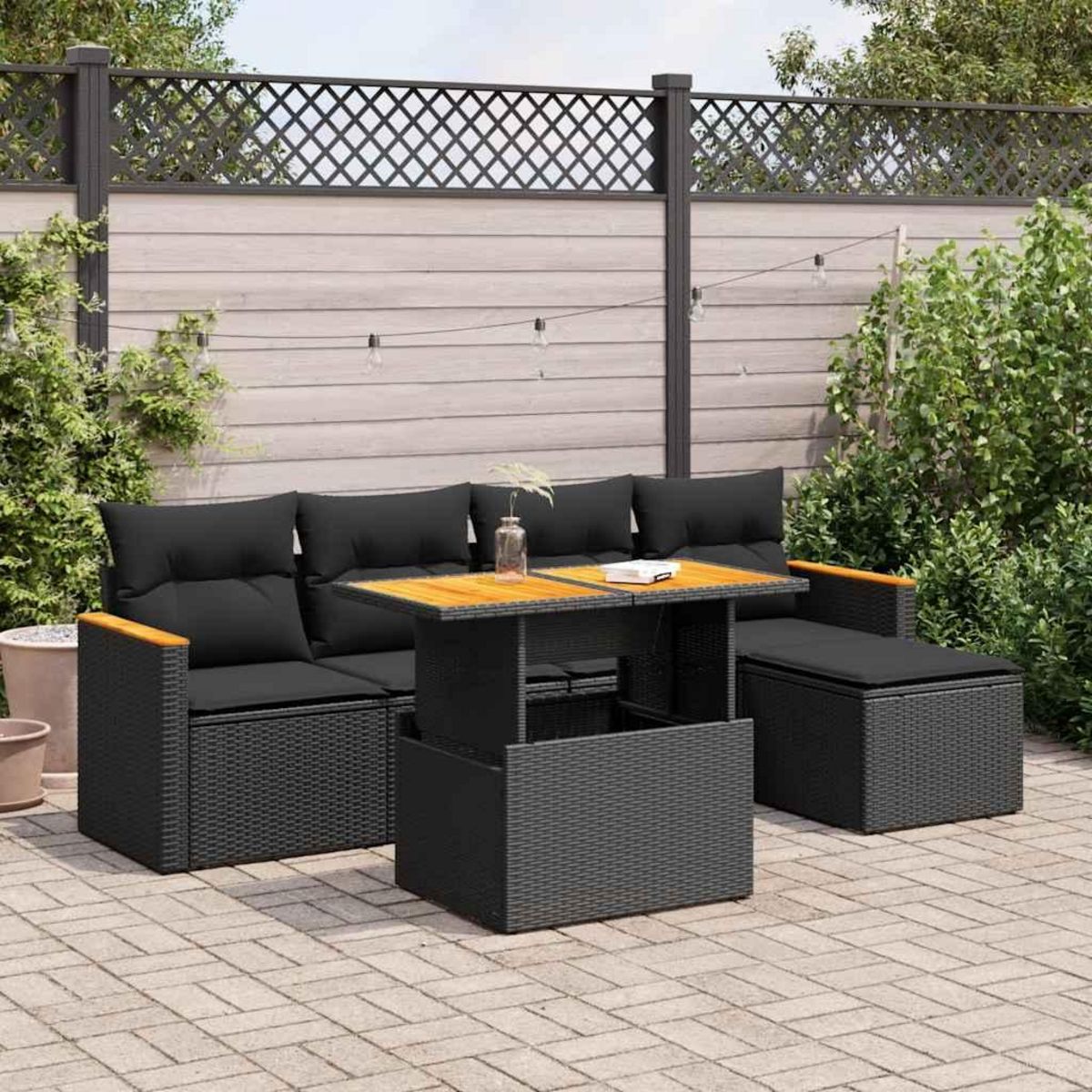 VIDAXL Salon de jardin 6 pcs avec coussins noir resine tressee acacia