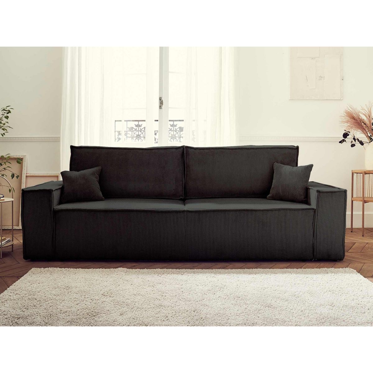 BEST MOBILIER Dellia - canapé 3 places convertible - avec coffre - en velours côtelé - style contemporain