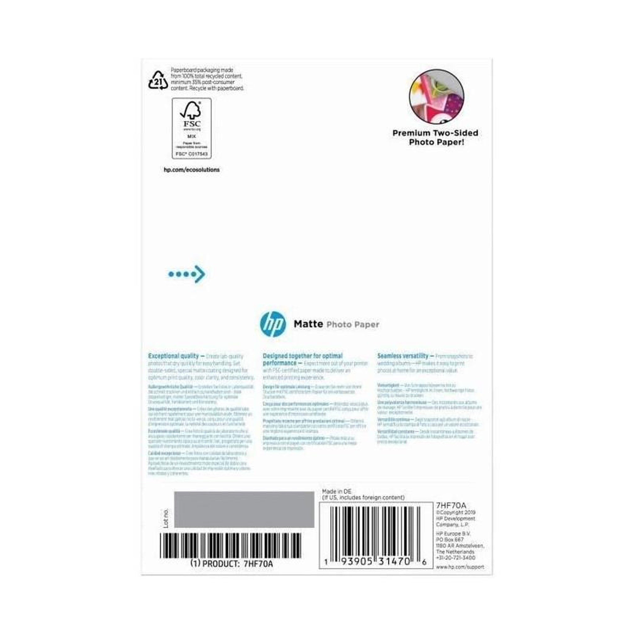Voir la diapositive 2 : HP Papier photo mat HP, 180 g/m2, 10 x 15 cm, 25 feuilles 7HF70A
