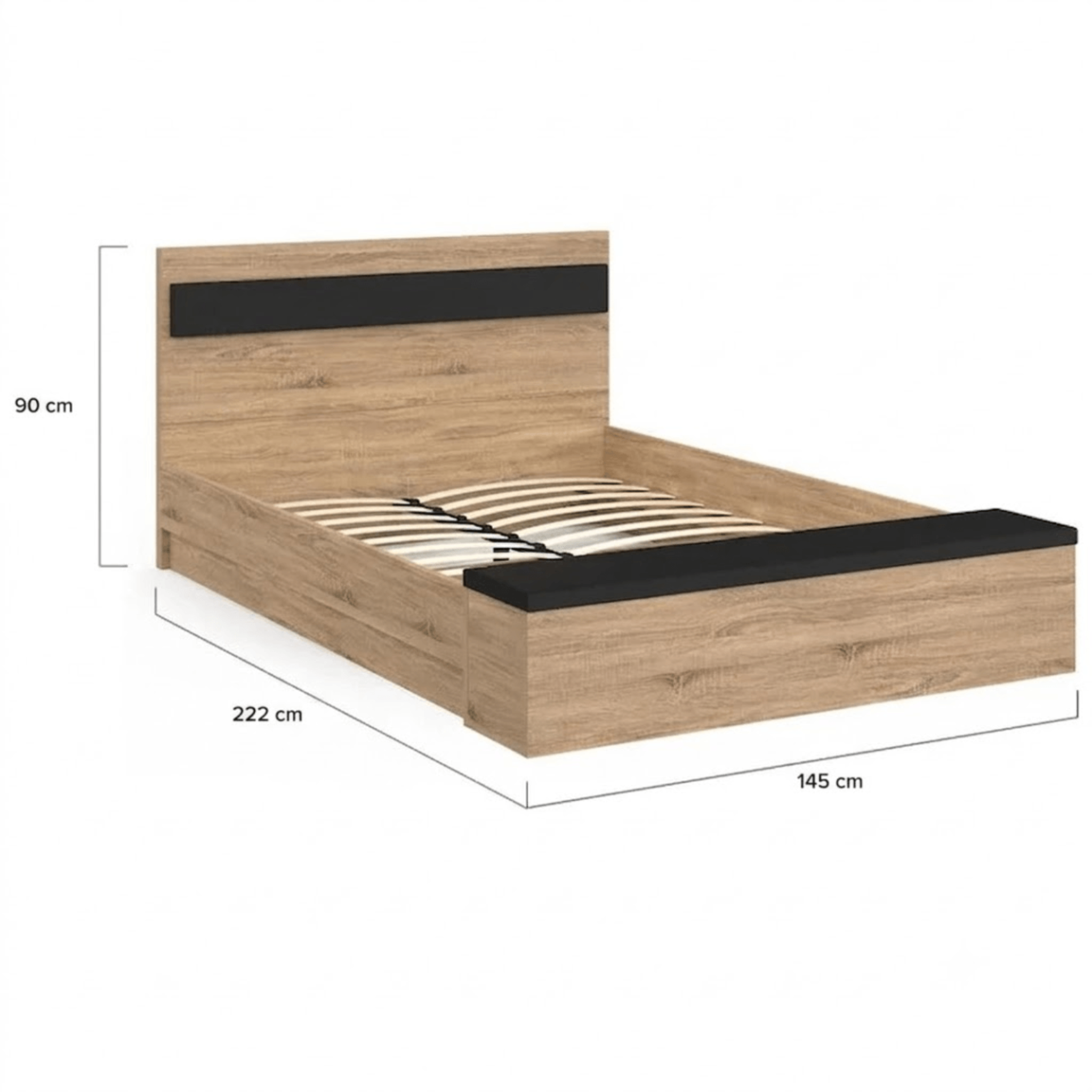 Voir la diapositive 6 : ID MARKET Lit double gaelle tête de lit + banc coffre et sommier 140 x 190 cm bois et noir