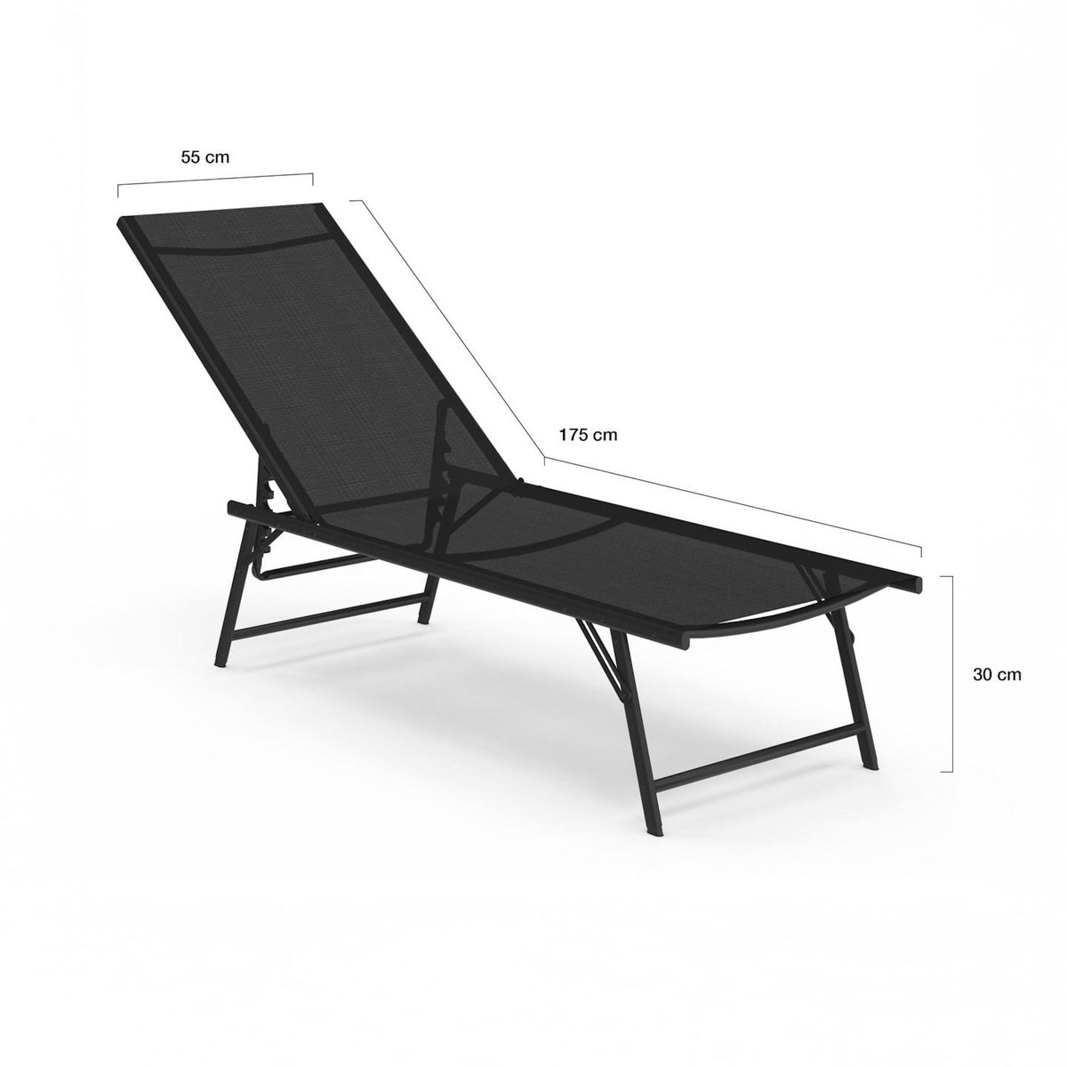 ID MARKET Lot de 2 transats de jardin inclinables KAILUA en acier noir et toile noire
