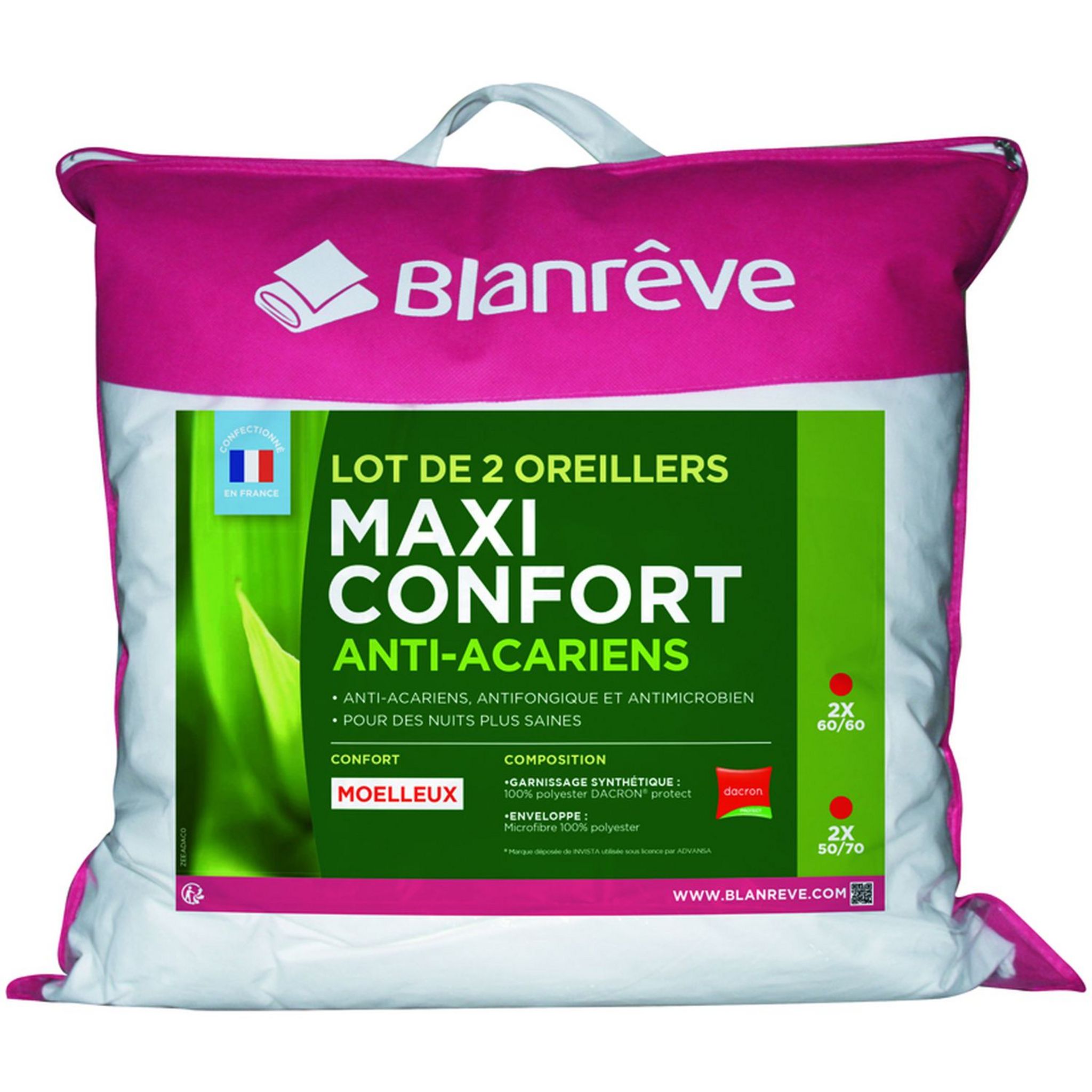 Traversin Anti Acariens Blanrêve - Garnissage Recyclé 1000g - Blanc - Fabriqué En France