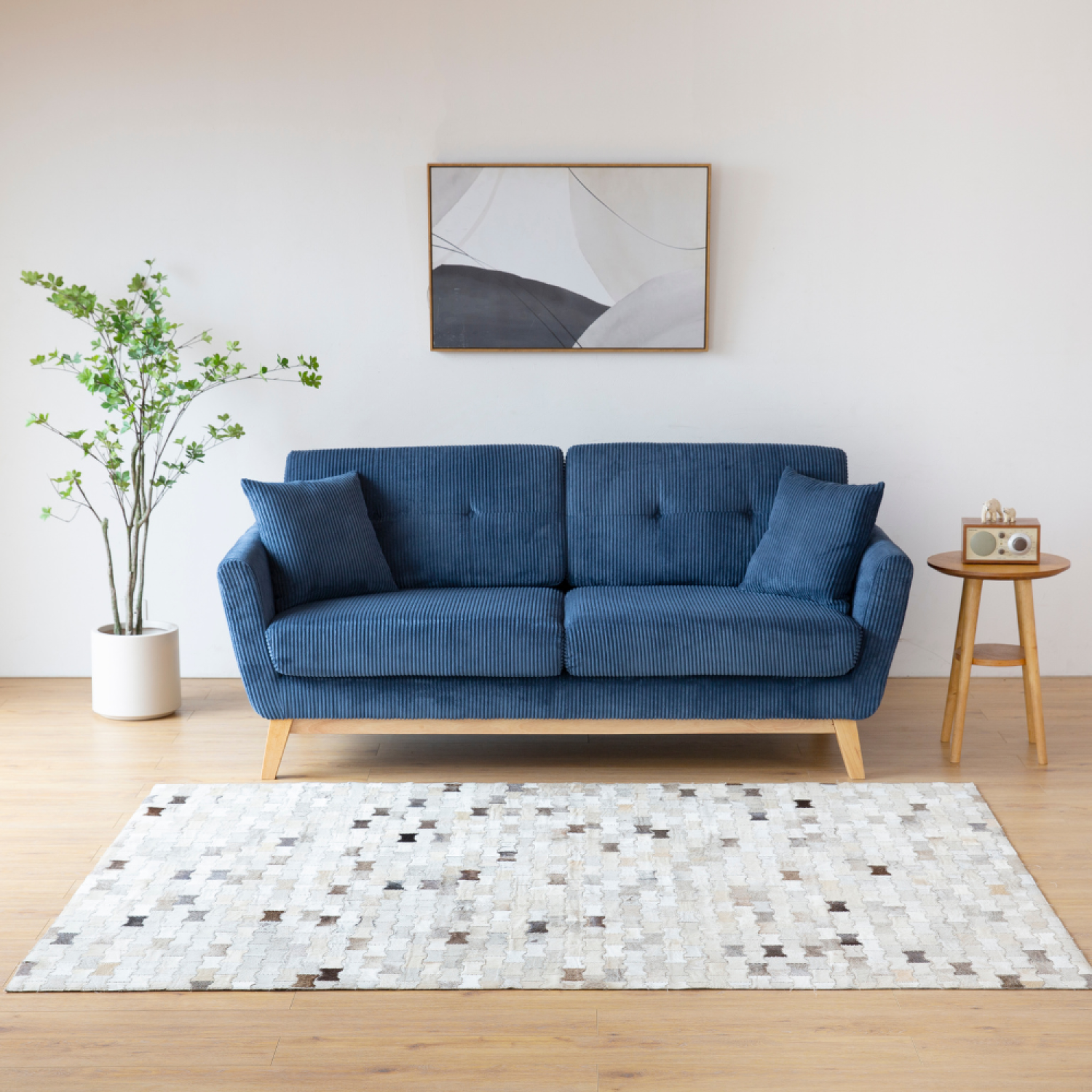 Voir la diapositive 2 : CONCEPT USINE Canapé 3 places scandinave en velours côtelé bleu HOGA