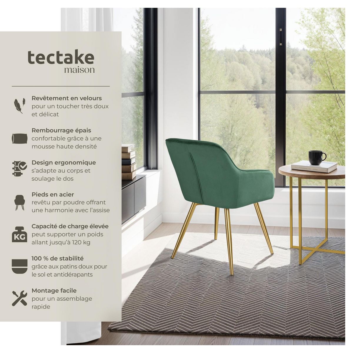 tectake Chaise rembourrée aspect velours vert foncé/or Lot de 2
