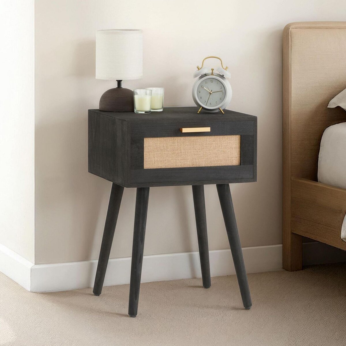 IDIMEX Table de chevet KIRAN 1 tiroir, en bois et lin