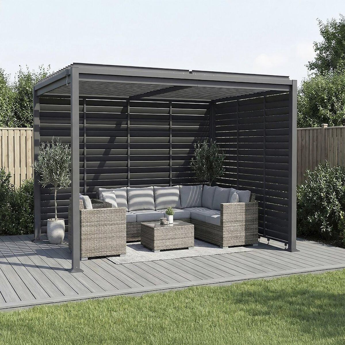Habitat et Jardin Pergola bioclimatique avec 7 persiennes en acier galvanisé  Howard  - 3 x 4 m - Gris