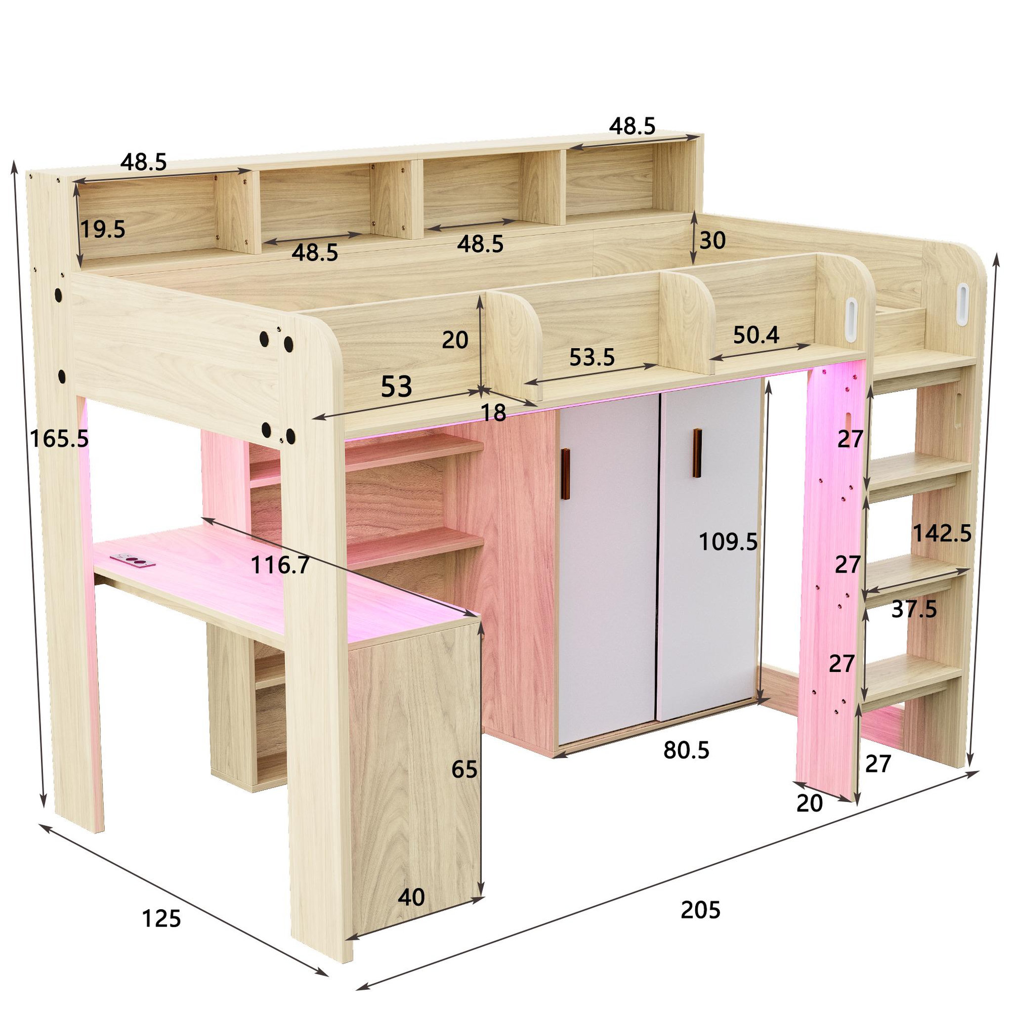Voir la diapositive 3 : MERAX Lit mezzanine 90x200 cm coloris naturel led mdf