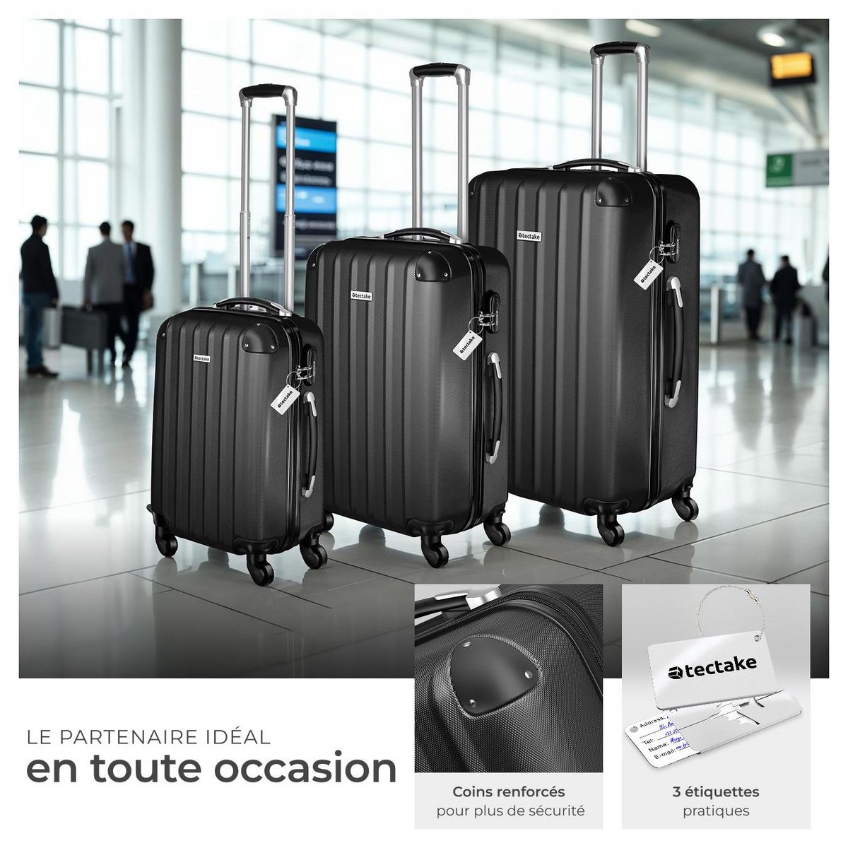 tectake Ensemble de 3 valises 3 pièces en ABS robuste, balance à bagages et étiquette noir