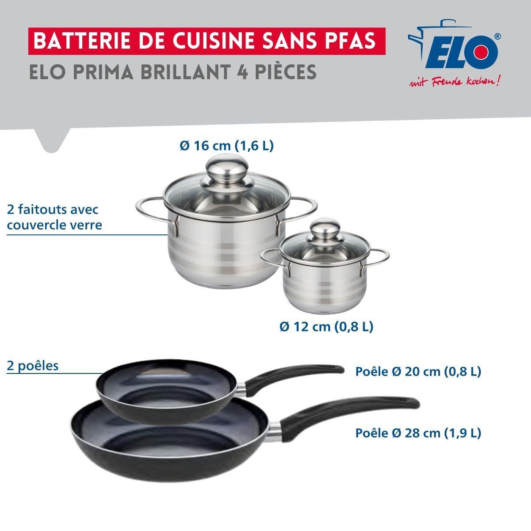 Voir la diapositive 2 : ELO Ensemble de 2 poêles de cuisson 20 et 28 cm et 2 faitouts 12 et 16 cm elo prima brillant