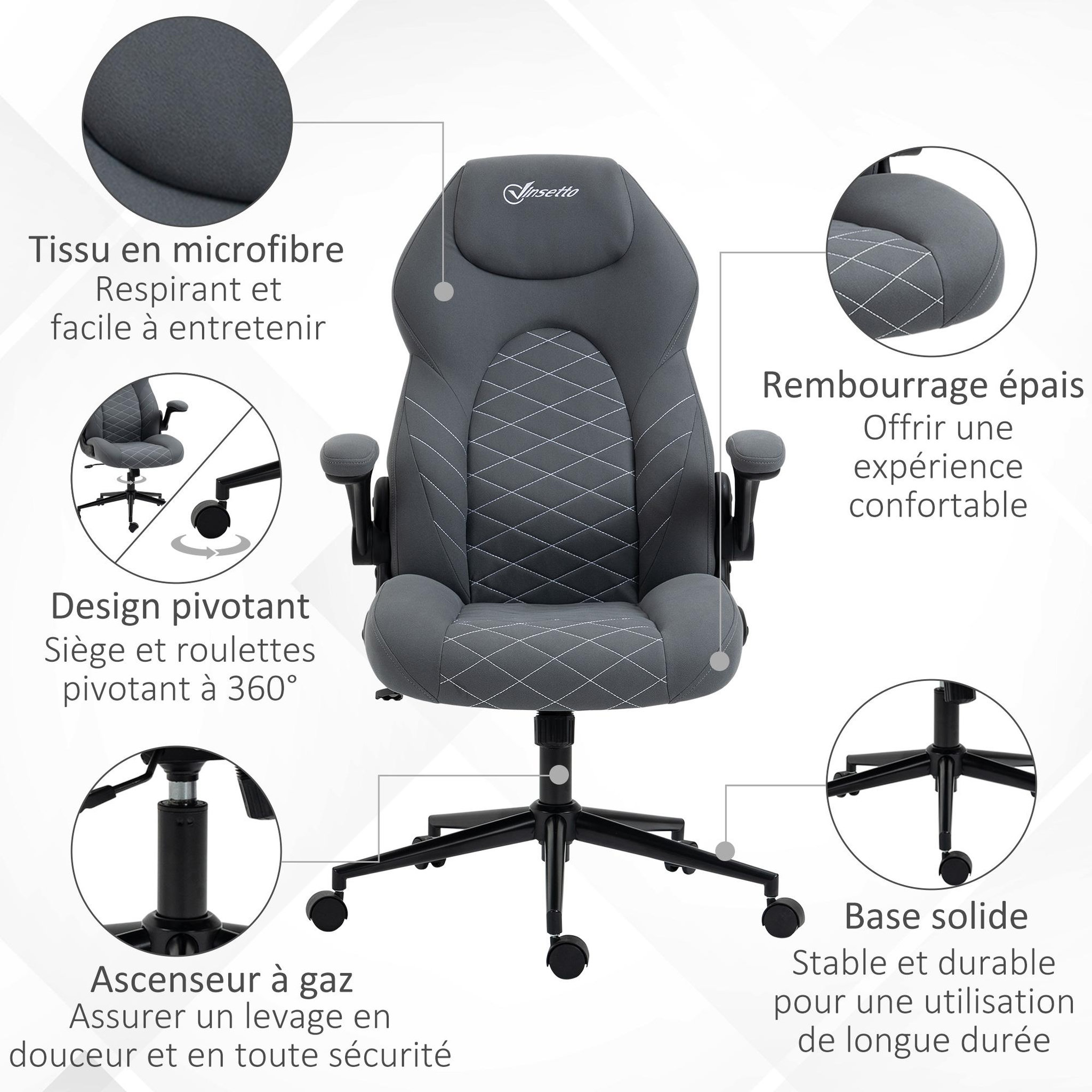 Voir la diapositive 6 : VINSETTO Fauteuil de bureau chaise de bureau ergonomique hauteur réglable pivotant 360° accoudoirs relevables tissu anthracite