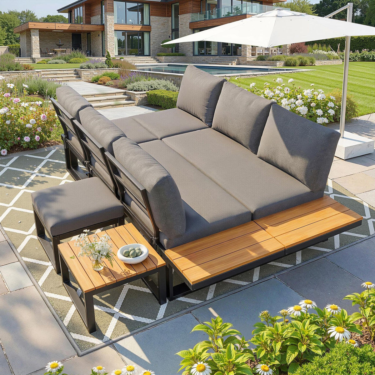 MERAX Salon de jardin 7 places avec, canapé angle, dossier réglable, poufs et table