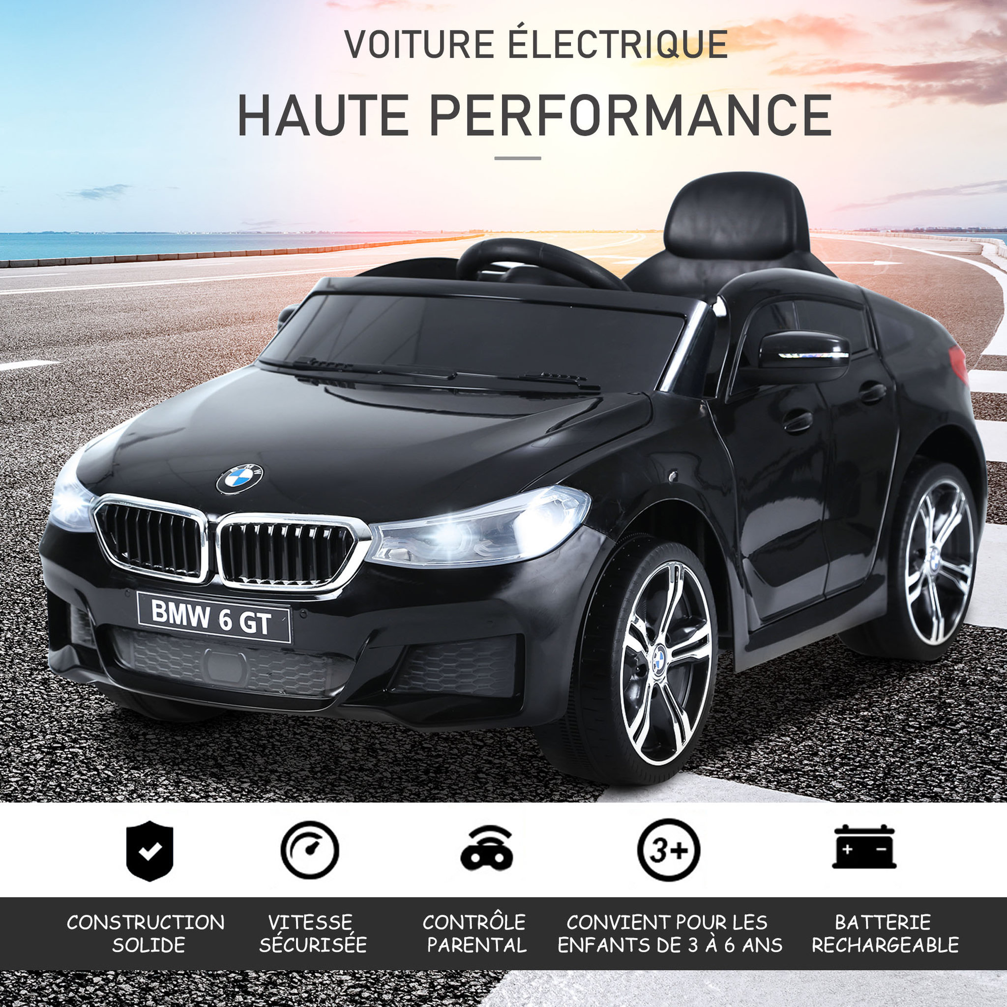 Voir la diapositive 4 : HOMCOM Voiture électrique enfants 6 V 3 Km/h max. effets sonores et lumineux télécommande incluse noir BMW 6 GT