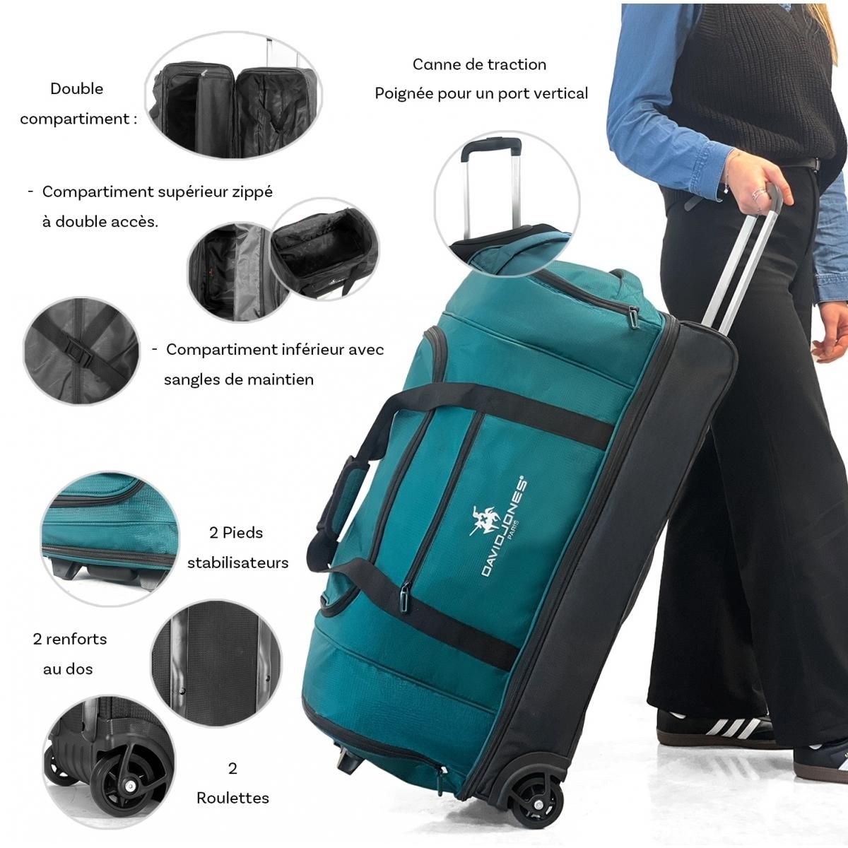 David Jones Sac de voyage à roulettes 105L double compartiment 75cm