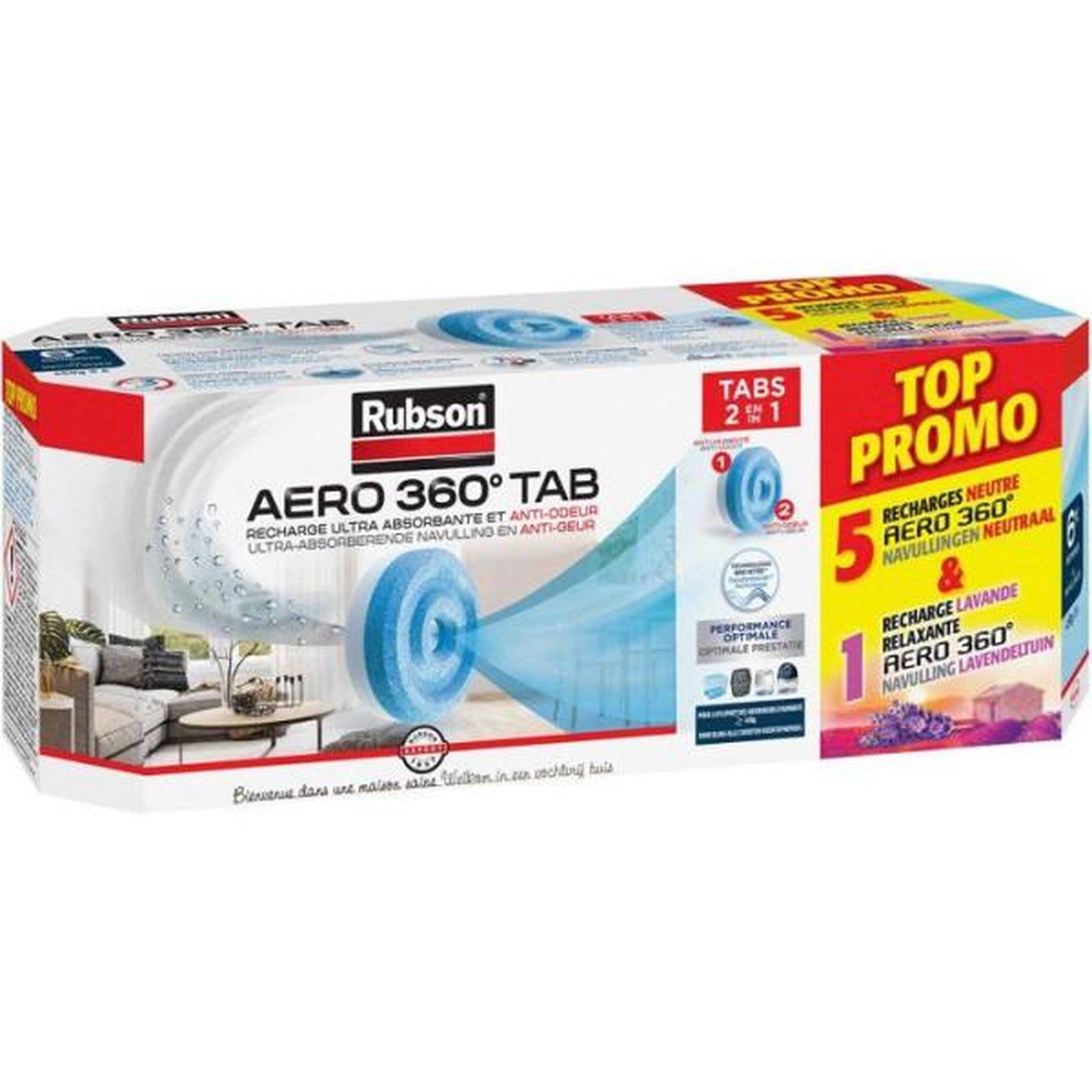 rubson Lot de 6 recharges absorbeur d'humidité - RUBSON - TOP PROMO - 5 recharges Aero 360° Neutre + 1 recharge Aero 360° RELAX Lava