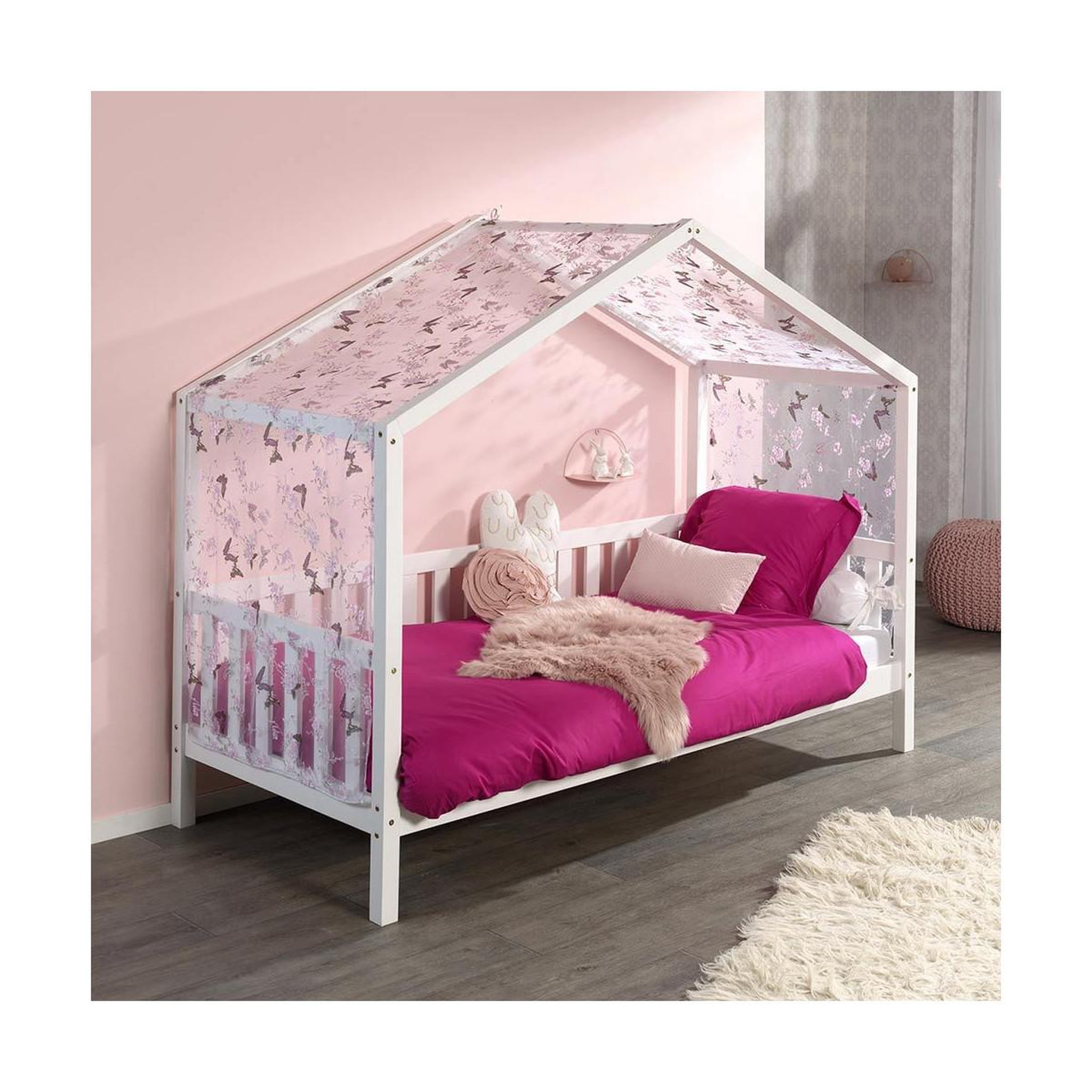 Paris Prix Pack - lit enfant cabane, barrière & voile  dallas ii  90x200cm blanc