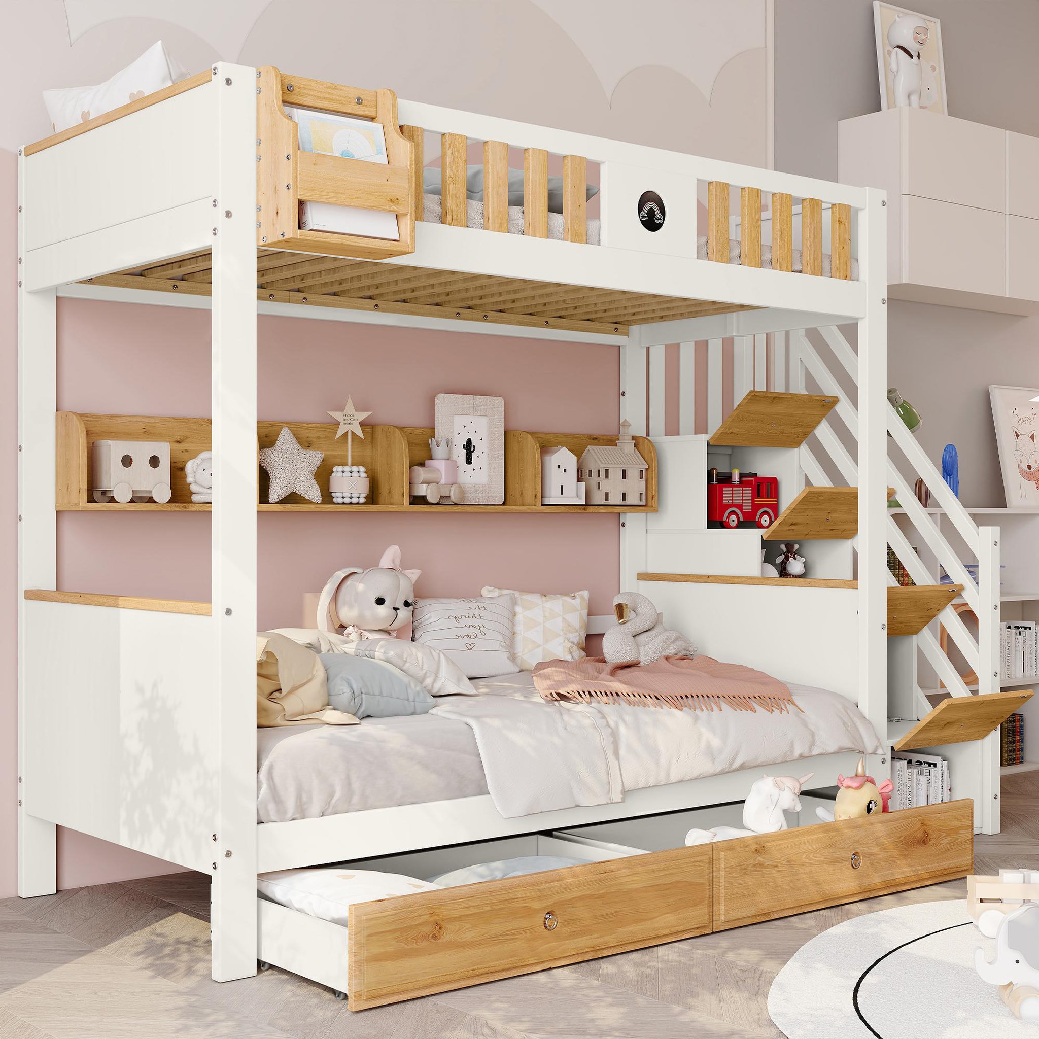 Voir la diapositive 5 : MERAX Lit superposé 90x200(120x200)cm bois et mdf coloris blanc+naturel